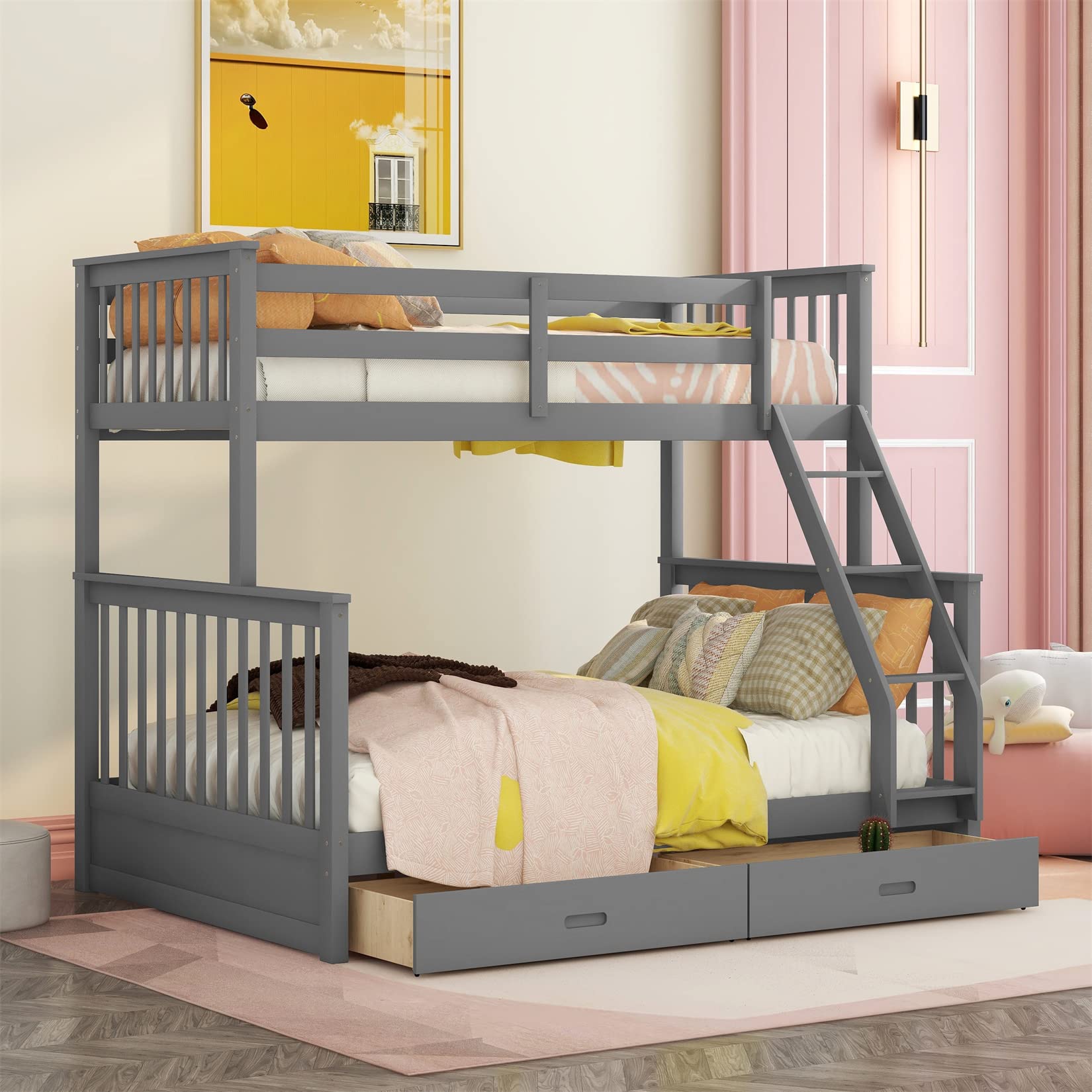Harper & Bright Twin-Over-Full Bunk Bed with Drawers - Gray Kids Wood Bed Frame for Small Spaces