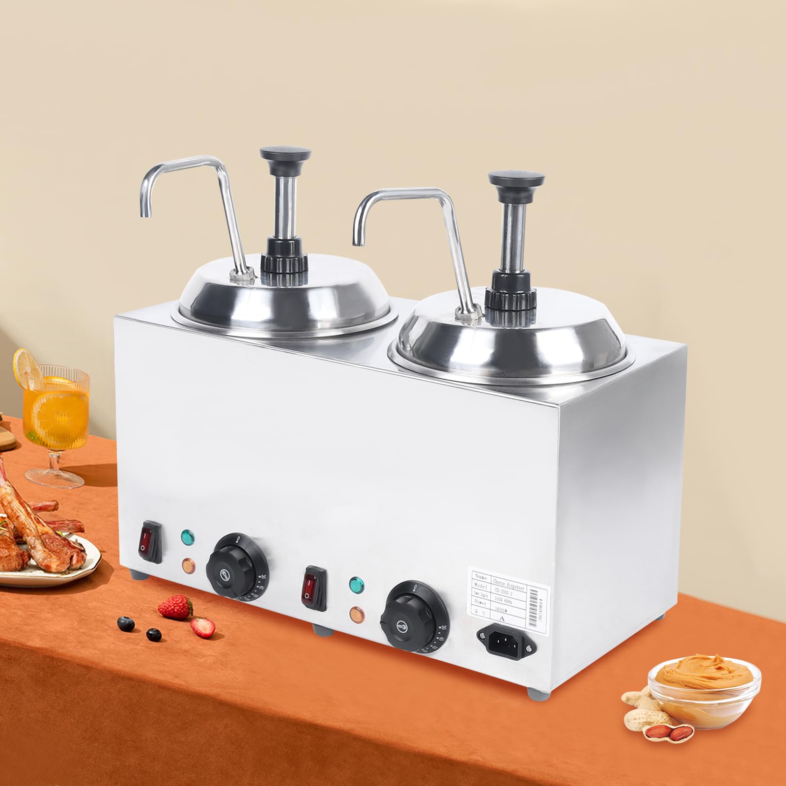Commercial Electric Nacho Cheese Warmer with Heated Spout & Pump - 2L x 2 Double Head Square Cheese Melting Machine - Hot Fudge, Caramel & Butter Sauce Warmer with Temperature Control - Perfect for Movie Theaters, Stadiums & Food Trucks