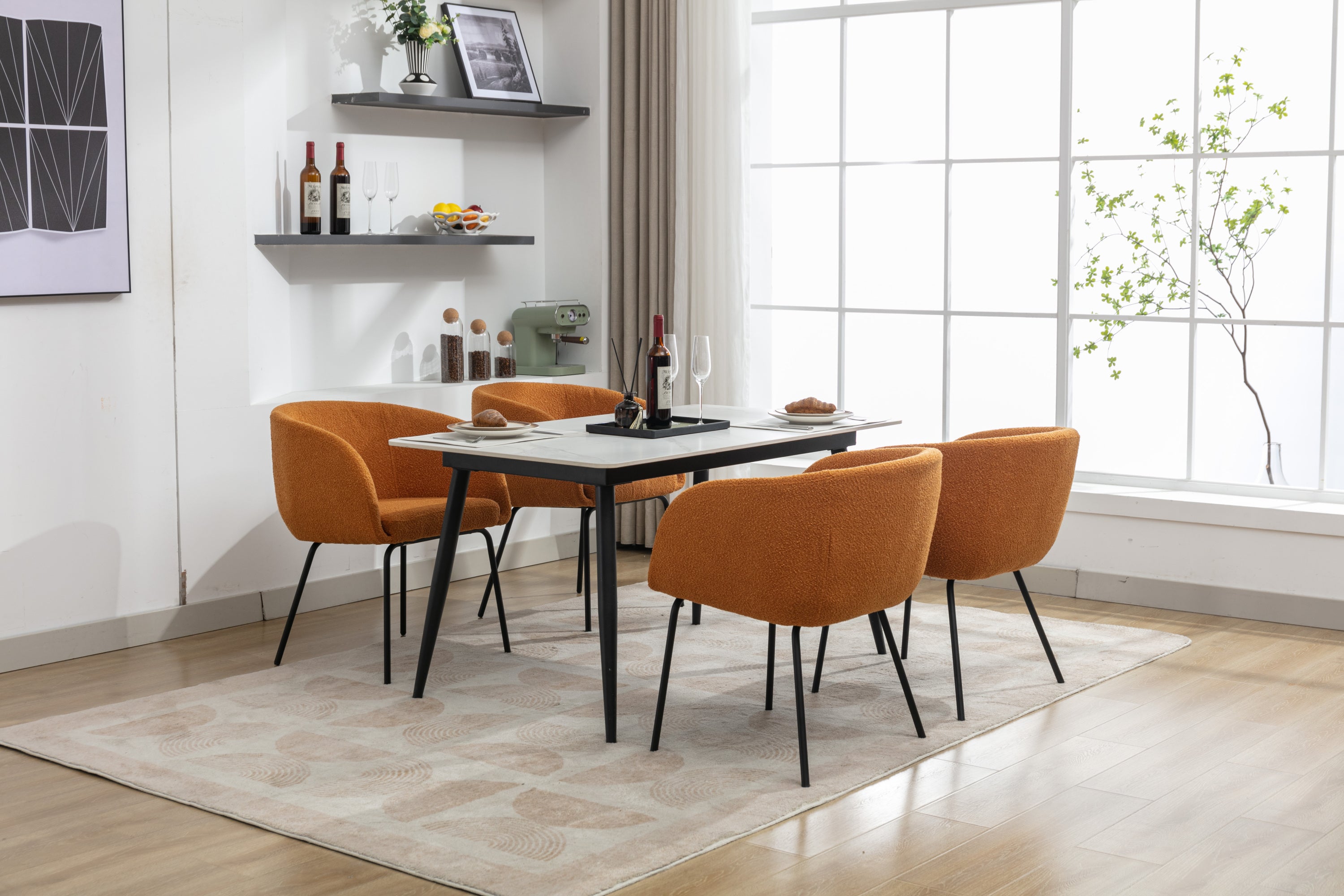 Boucle Fabric Dining Chairs with Black Metal Legs - Set of 2, Modern Ginger Upholstered Side Chairs for Kitchen, Dining Room, and Office