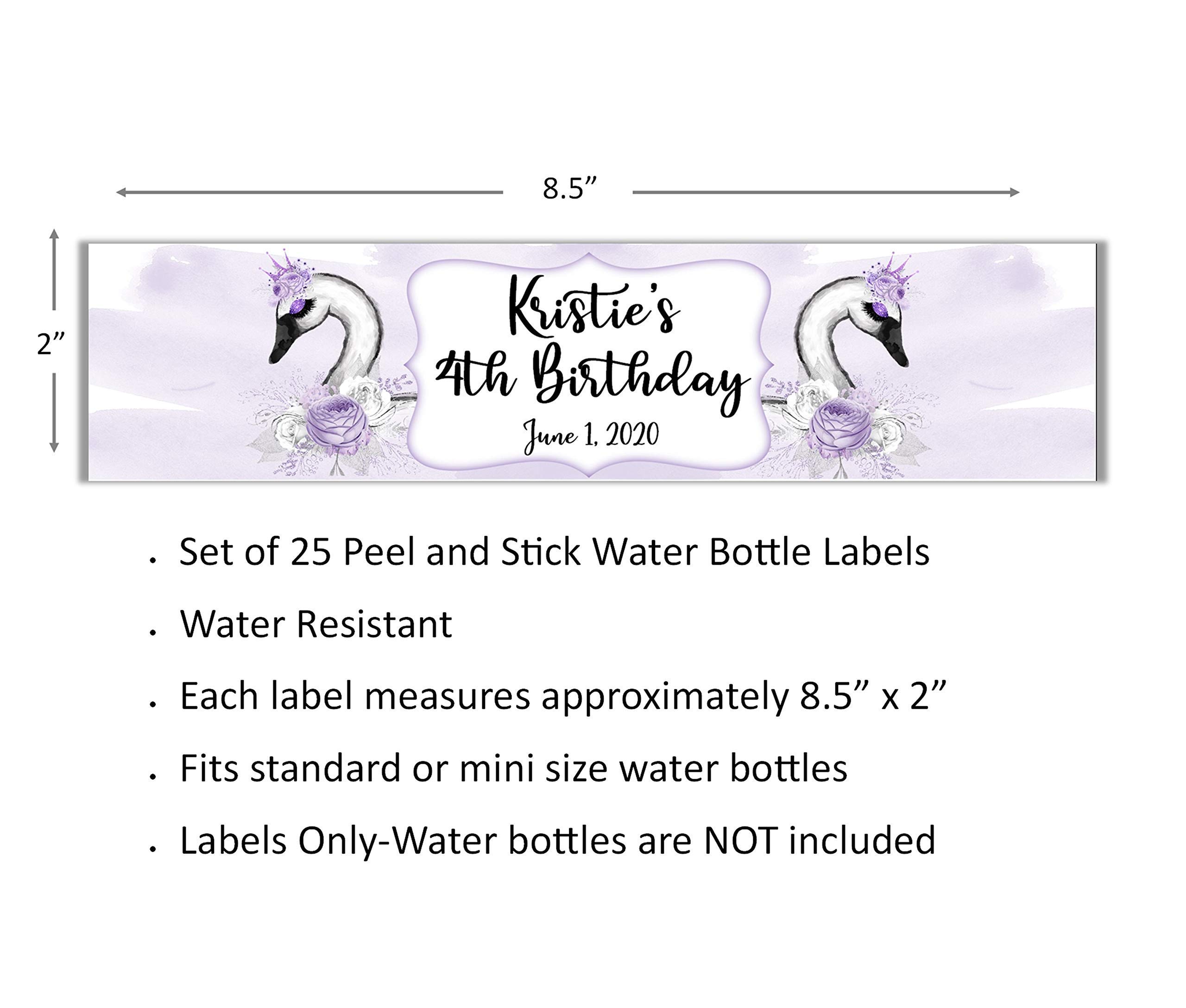 Personalized Swan Water Bottle Labels - 25 Pack Waterproof Peel & Stick Wrappers for Girls Birthday Party Favors, Baby Showers & School Events - Perfect for Custom Drink Bottles & Party Decorations