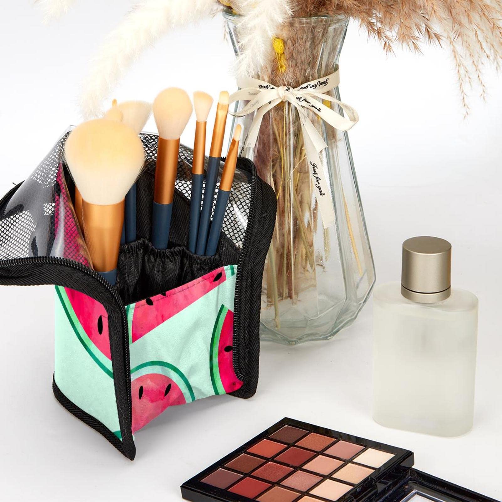 12-Piece Makeup Brush Organizer Bag with Watermelon Design - Portable Cosmetic Brush Holder Case for Travel, Home & Professional Use - Watercolor Paint Style Makeup Brush Storage Pouch