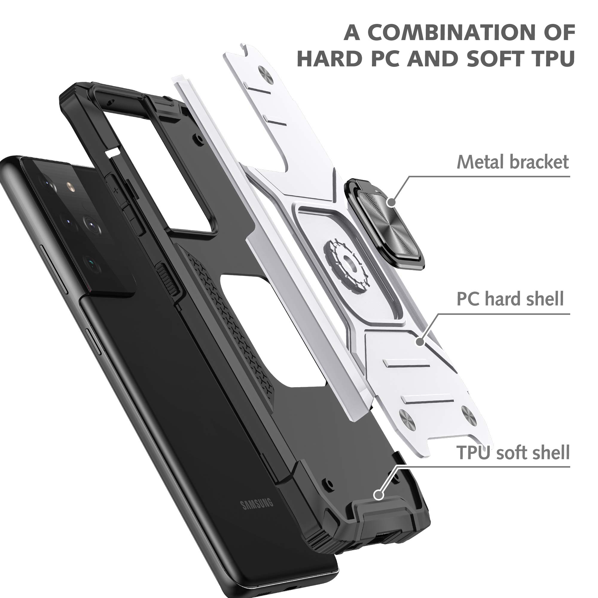 Military Grade Shockproof Case for Samsung Galaxy S21 5G - Ultra Slim Armor Ring Holder with Rotatable Kickstand | Durable TPU Bumper & Hard PC Protection (Silver) | Perfect for Outdoor Activities, Travel & Daily Use