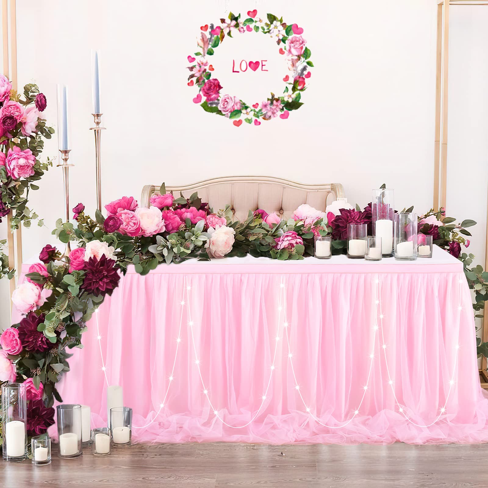 6ft Pink Tulle Table Skirt with LED Lights - Elegant Table Cover for Rectangle & Round Tables | Perfect for Baby Showers, Princess Birthday Parties, Cake & Dessert Table Decorations | Wedding, Quinceañera & Bridal Shower Decor