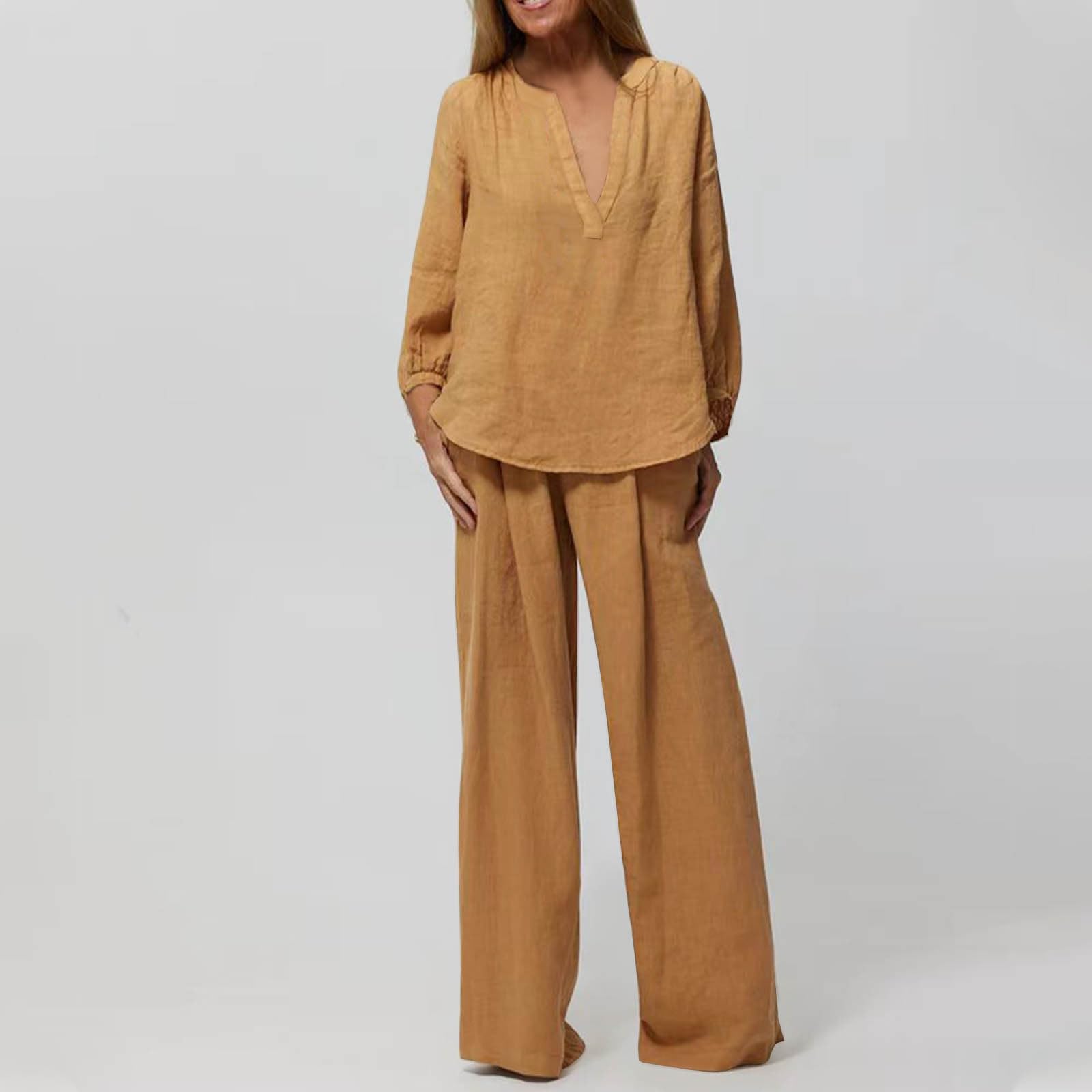 Women's Casual 2-Piece Outfit - Soft Cotton Linen Lounge Set with Long Sleeve V-Neck Pullover & Wide Leg Pants | Comfortable Oversized Loungewear for Home, Travel & Relaxation