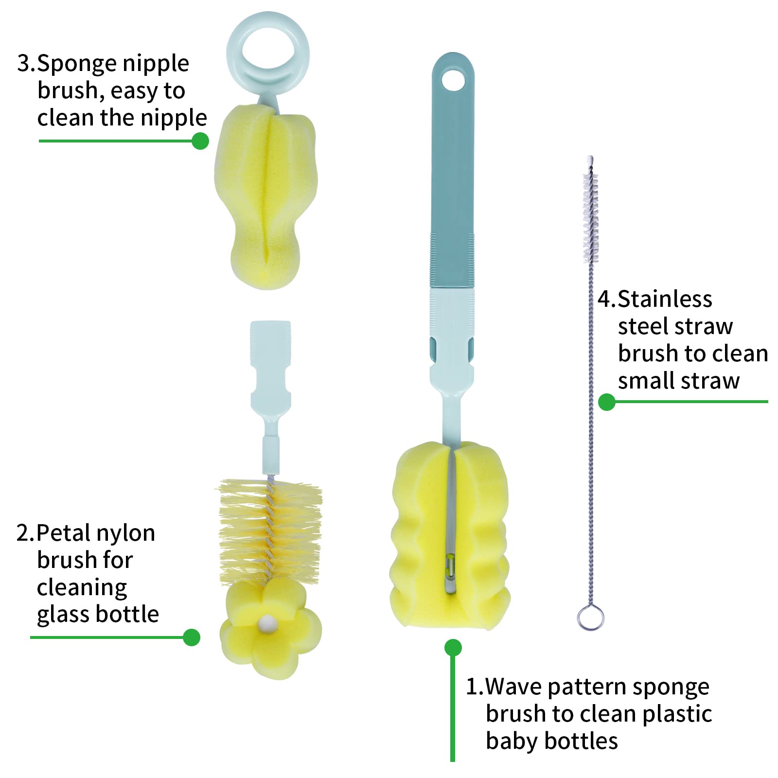 4-in-1 Baby Bottle Brush Cleaning Kit with Sponge Brush, Nipple Cleaner, Straw Brush & Long Handle - Safe for Glass & Plastic Nursing Bottles - Perfect for Newborn Feeding Essentials & Travel Baby Care