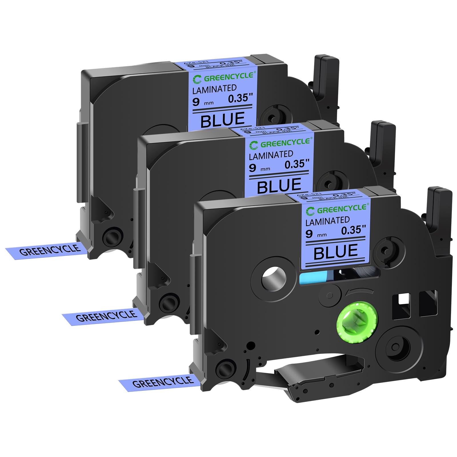 GREENCYCLE Compatible Brother TZe-521 TZe521 TZ521 TZ-521 AZE 9mm (0.35 Inch) Black on Blue Laminated Label Tape - Works with PTD210, D400AD, D600, PT-H100, PTH110, PT1290, PT-1230PC - 3 Pack - Perfect for Office Labeling, Shipping & Organization