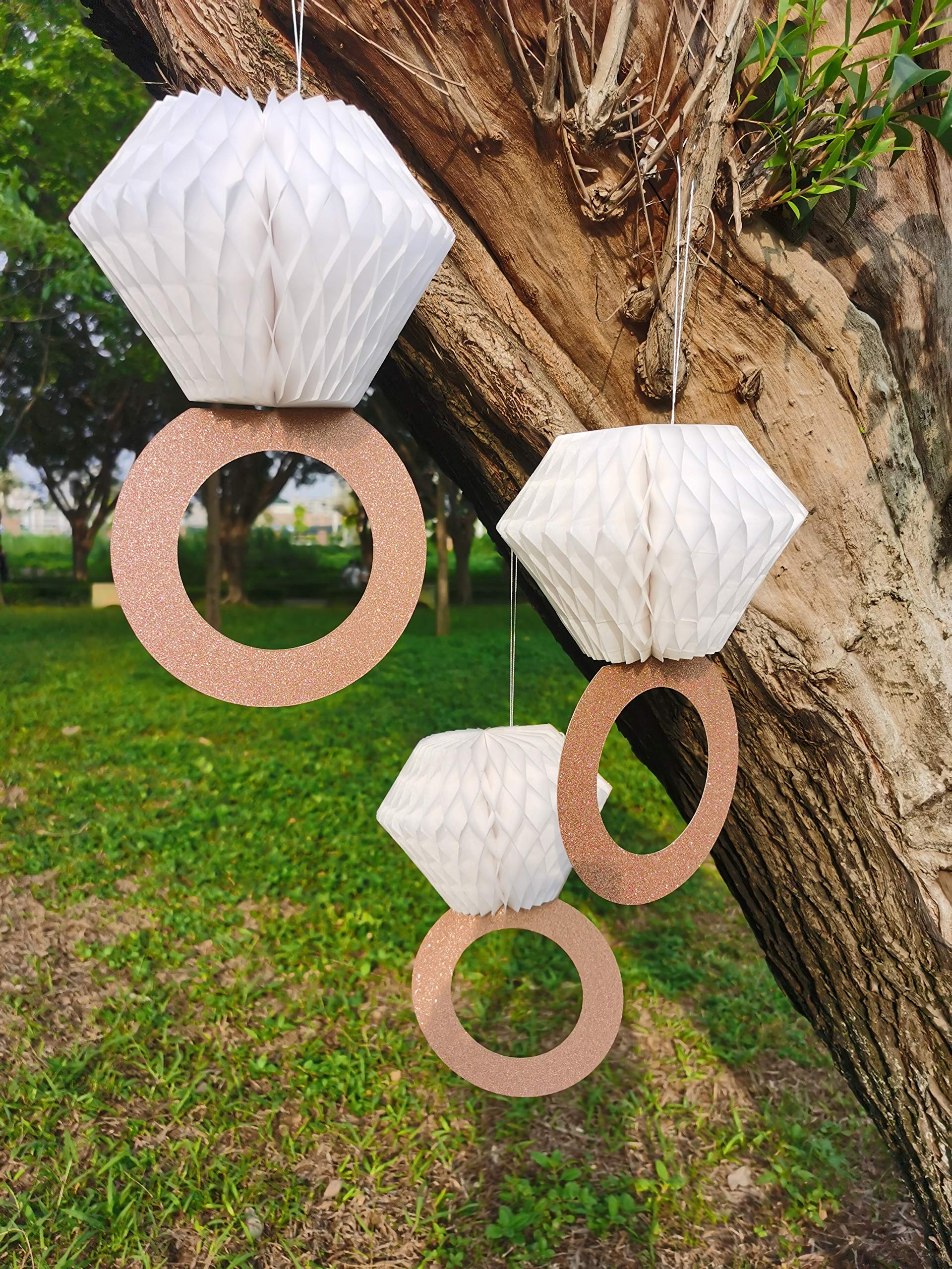 Rose Gold Glitter Diamond Ring Decorations (3pcs) - Elegant Bridal Shower & Engagement Party Supplies - Honeycomb Hanging Decor with Glittery Letters Banner - Perfect for Wedding, Anniversary & Romantic Celebrations