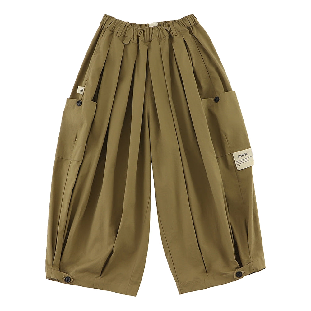 ASUSL Patch Pockets Balloon Pants Khaki - Trendy High Waisted Wide Leg Trousers for Women | Casual Streetwear, Travel & Photoshoot Outfits