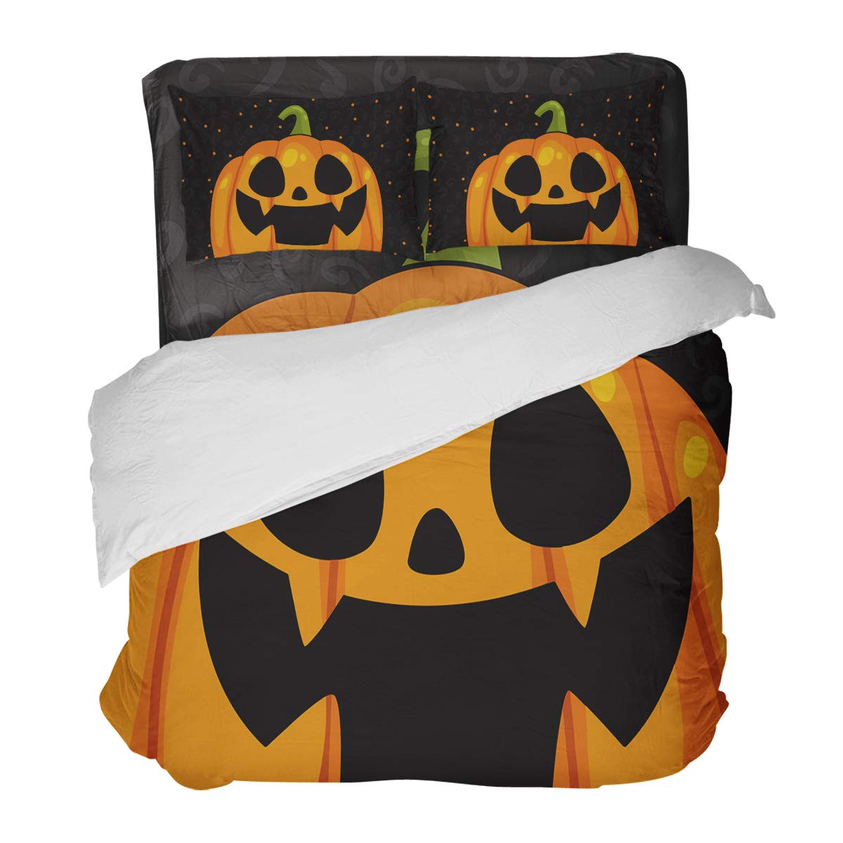 4-Piece Halloween Pumpkin Duvet Cover Set - Queen Size Soft Luxury Bedding with Decorative Pillowcases, Black Cartoon Design | Cozy Fall Bedroom Decor for Kids & Adults