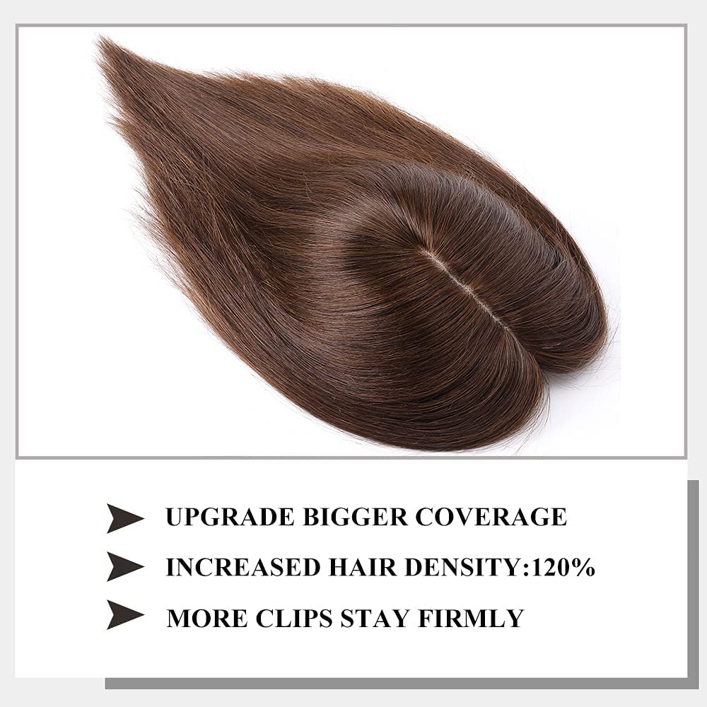 MY-LADY 150% Density Human Hair Topper - No Bangs Clip-In Hairpiece for Women, 14 Inch Medium Brown Silk Base - Perfect for Thinning Hair & Hair Loss - Great for Daily Wear, Parties & Special Occasions