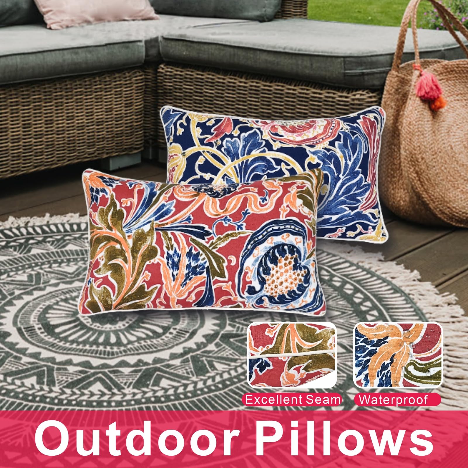 JMGBird 12×20 Inch Outdoor Lumbar Pillows (Pack of 2) - Waterproof Decorative Throw Pillows with Insert - Rectangular Garden Cushions for Patio Furniture, Sofa & Coach - Perfect for Outdoor Living, Backyard Relaxation & Home Decor