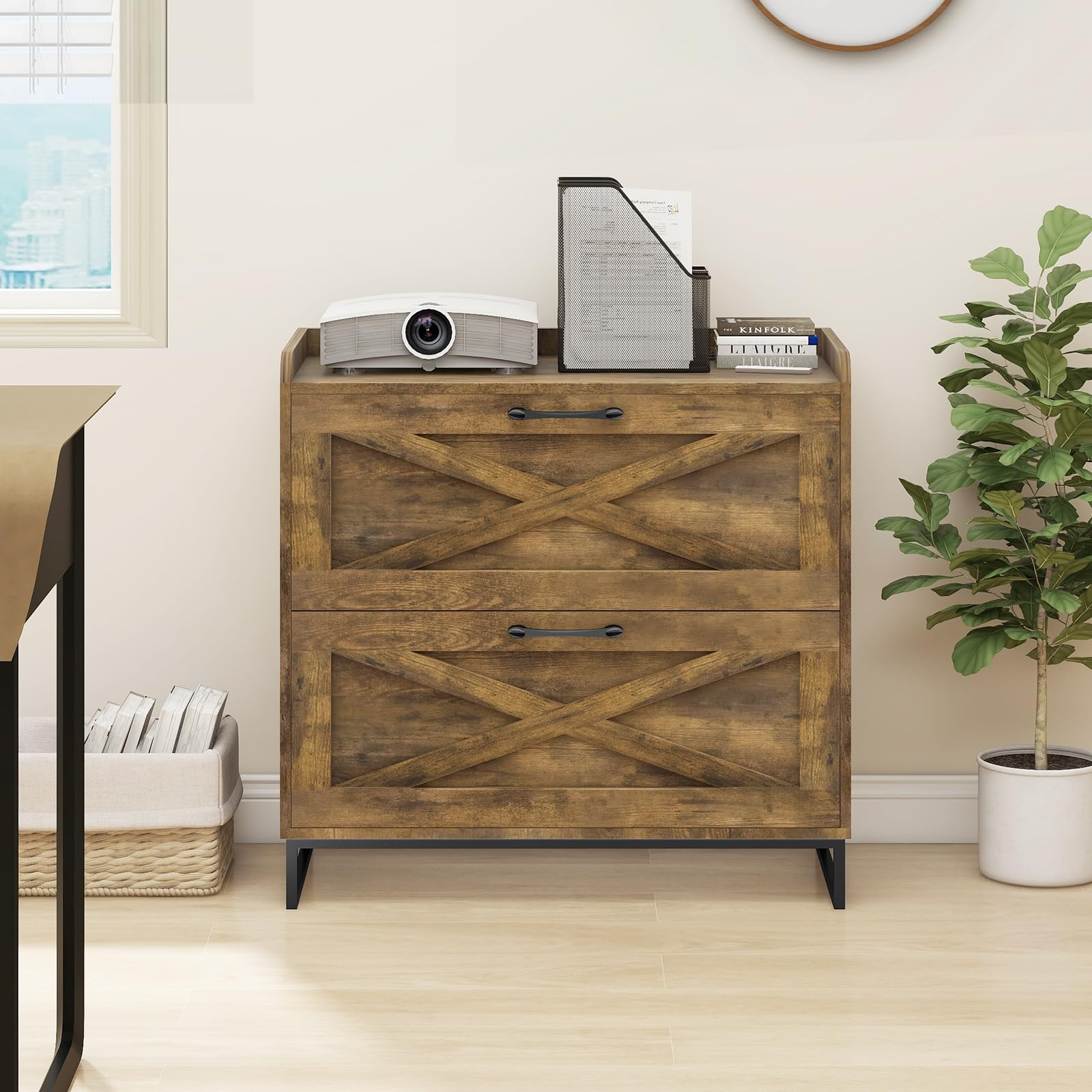 2-Drawer Lateral File Cabinet with Charging Station - Letter/Legal/A4 Size Hanging File Storage - Wooden Office Cabinet with Printer Stand for Home & Workspace - Brown - Perfect for Organizing Documents, Charging Devices & Saving Space in Home Offices