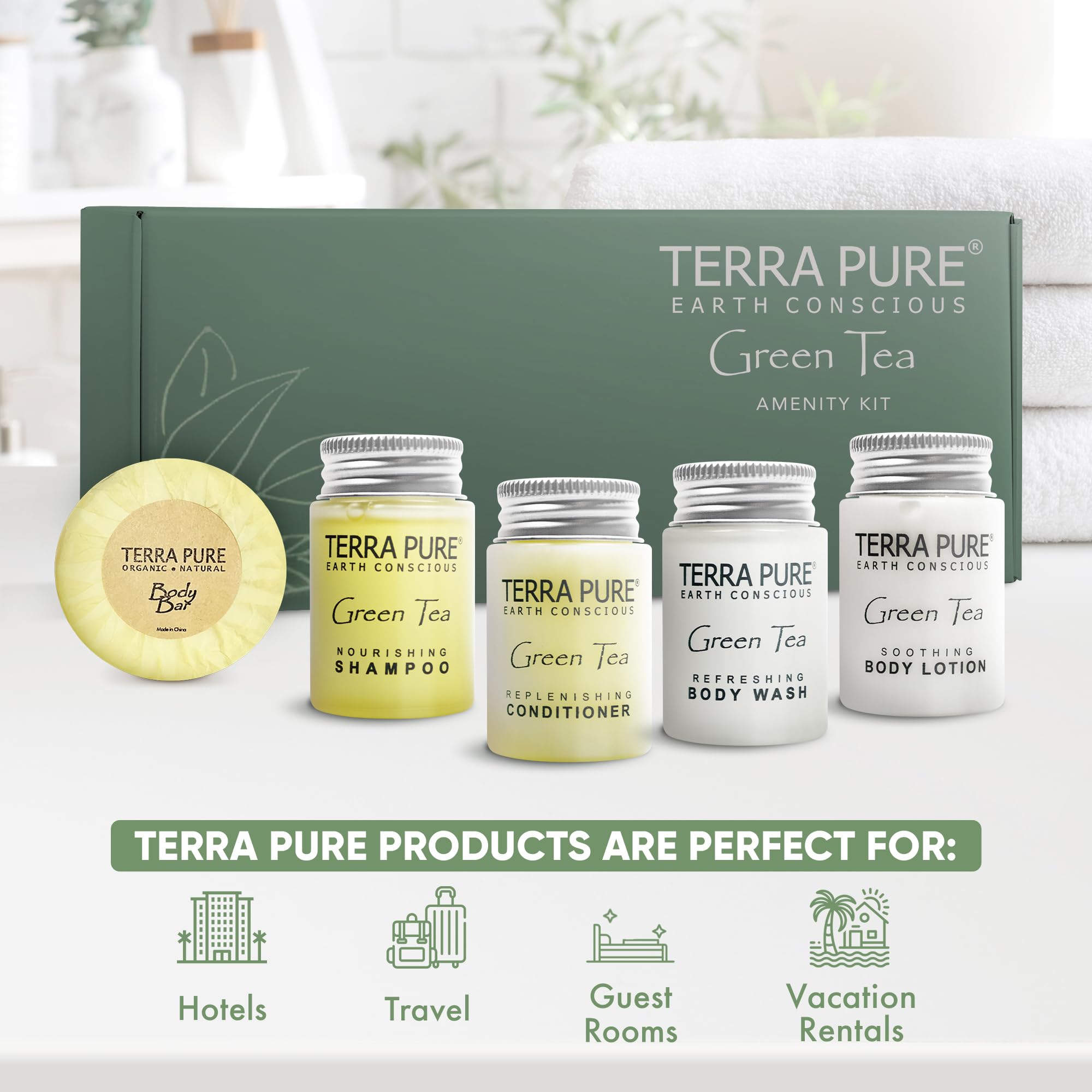 Terra Pure Green Tea Hotel Amenity Kit - Bulk Toiletries Set (15 Sets/Case) with 1 oz Shampoo, Conditioner, Lotion, Body Wash & Soap Bar | Eco-Friendly Travel Essentials for Hotels, Vacation Rentals & Guest Hospitality | Perfect for Spas, Resorts & Business Travelers