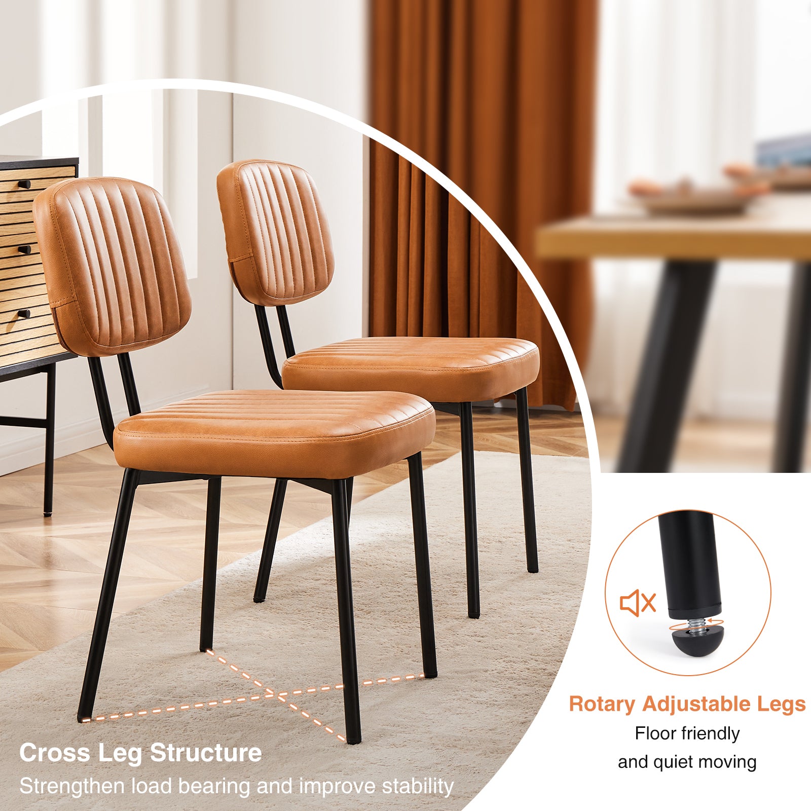 Mid Century Modern Upholstered Dining Chairs - Set of 2 Brown Faux Leather Cushion Seats with Metal Legs for Kitchen, Living Room & Dining Room | Stylish Comfort for Entertaining & Daily Meals