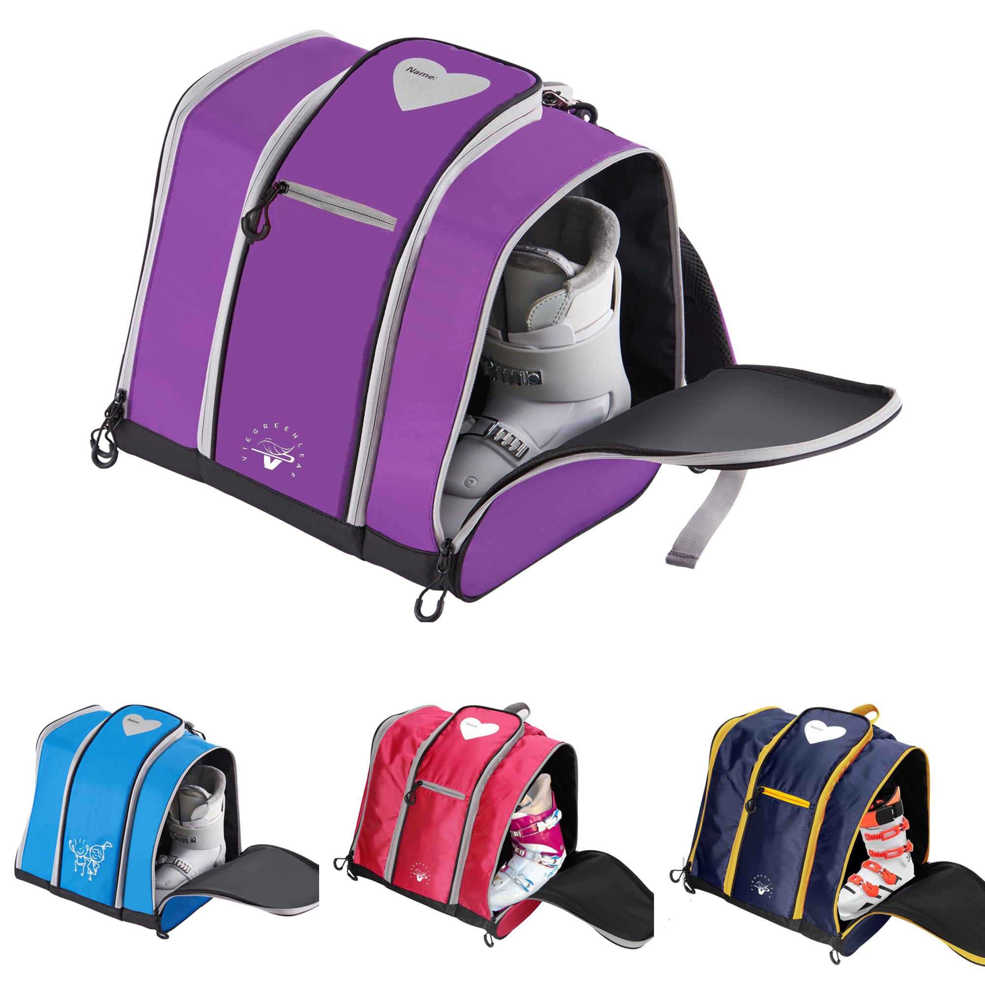 VieGreenleaf Kids Ski Boot Backpack - Waterproof Travel Bag for Toddler Rollerblade, Skate, Ski & Snowboard Boots, Helmet, Gloves & Snacks - Perfect for Skiing, Snowboarding, Skating, Outdoor Adventures & Airplane Travel (Blue/Purple)