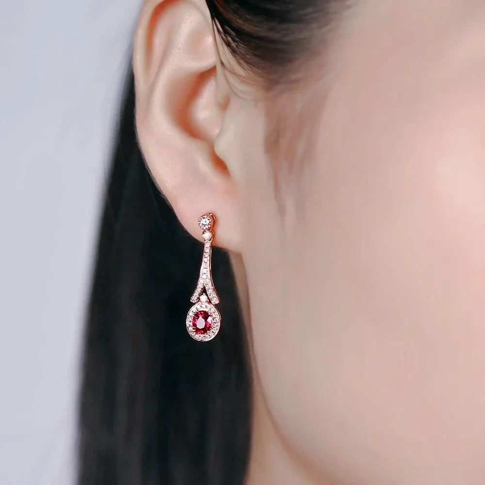 18KT/750 Rose Gold 1.18ct Natural Red Ruby & 0.44ct Round Cut Diamond Engagement Earrings for Women - Perfect for Weddings, Anniversaries & Special Occasions