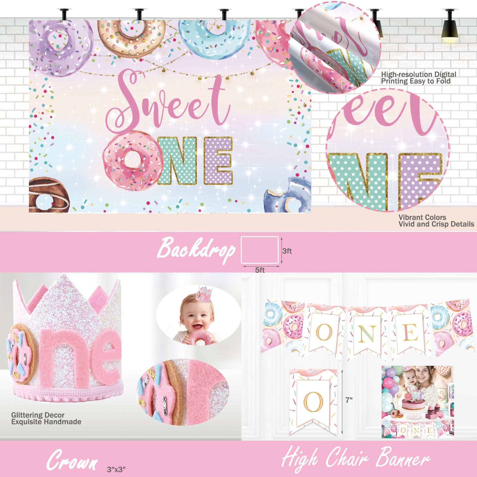 Sweet One Birthday Party Decorations Set - Donut Themed 1st Birthday Supplies for Girls with Backdrop, Balloons, Highchair Banner, Cake Topper, Crown & Posters | Pastel Pink Party Decor for Baby's First Birthday Celebration & Photo Shoots