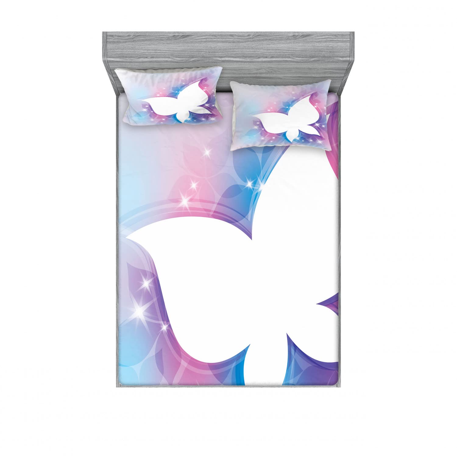 Ambesonne 2-Pack Queen Size Fitted Sheet Set with 4 Pillow Shams - White Floral Butterfly Design Cotton Blend Bedding for Master Bedroom & Guest Room Decor (Pink Blue Floral Pattern) - Soft Breathable Sheets for Comfortable Sleep & Home Decoration