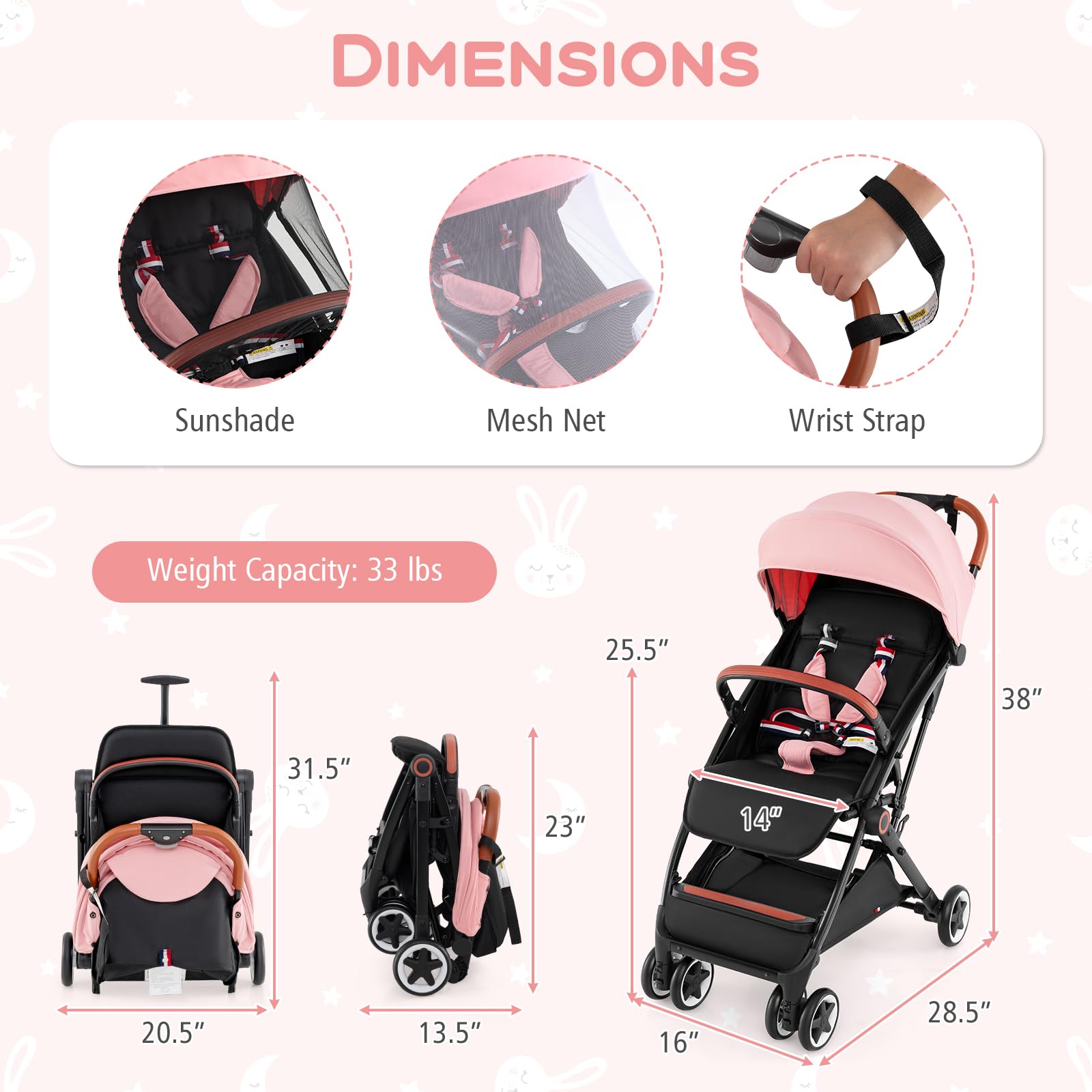 HONEY JOY Lightweight Compact Baby Stroller - One-Hand Fold Travel Stroller for Airplane, Fits Cabin & Overhead Bins, Self-Standing Toddler Stroller with Adjustable Backrest & Canopy (Pink) | Perfect for Air Travel, Shopping, and Daily Walks