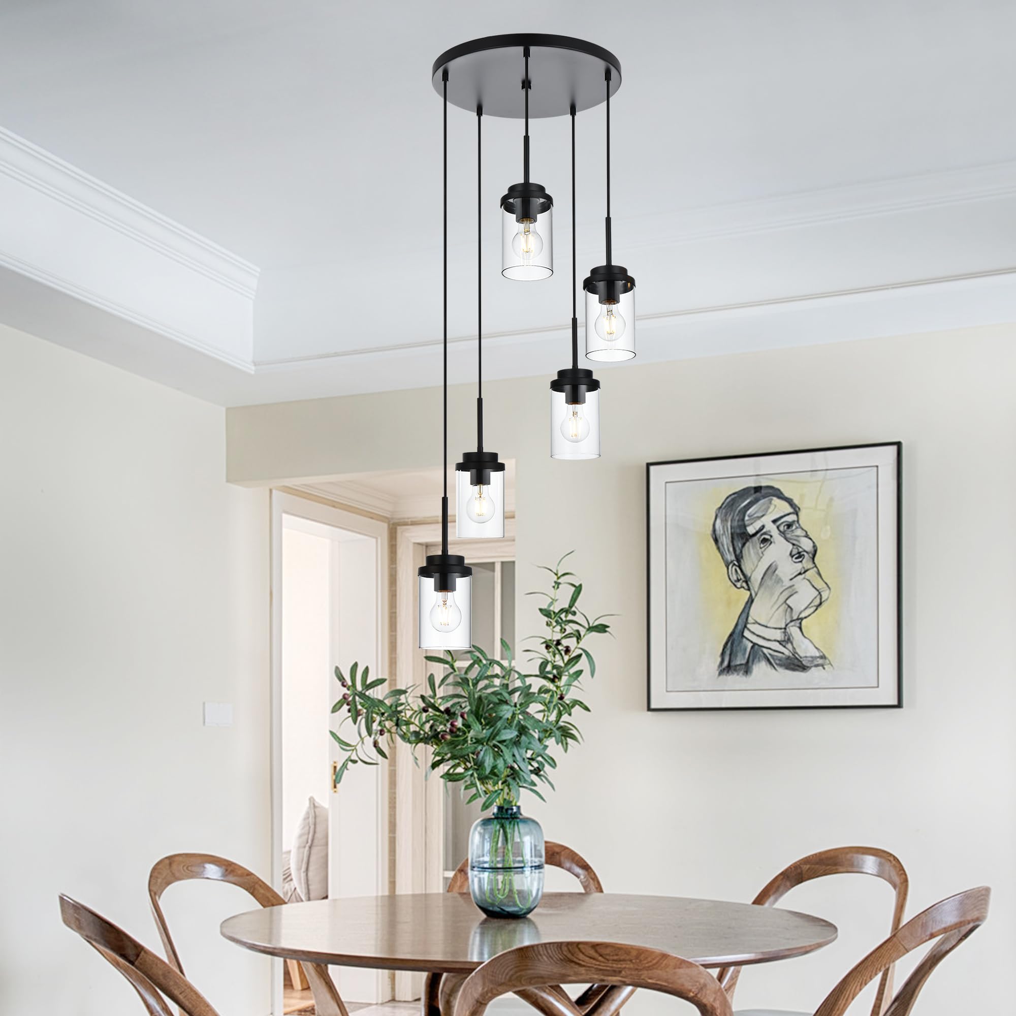 MELUCEE 5-Light Modern Black Pendant Light Fixture with Clear Glass Shade - Cluster Chandelier for Kitchen Island, Dining Room, Living Room Ceiling Lighting | Perfect for Farmhouse, Industrial & Contemporary Home Decor
