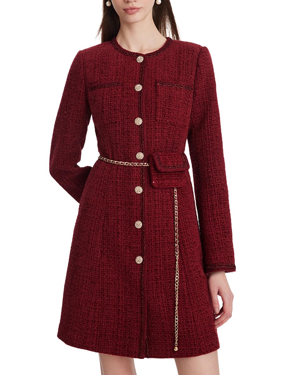 Elegant Women's Tweed Mini Dress with Long Sleeves & Metal Buttons | Formal Crewneck Button-Up Dress for Office, Cocktail Parties & Special Occasions