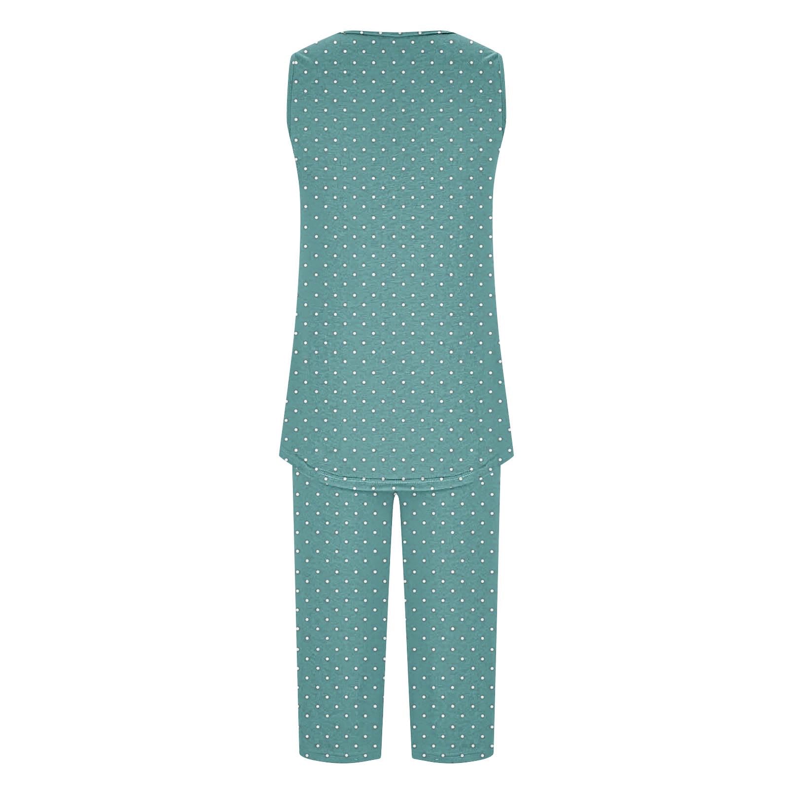 Women's Soft Sleeveless Pajama Set - Loose Fit Pleated Print Tank Top & Capri Pants Lounge Wear | Trendy Sleepwear for Summer Nights, Vacation & Relaxing at Home