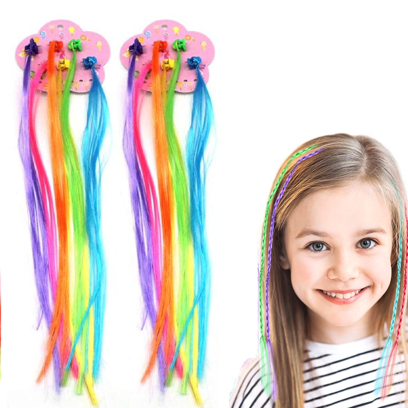 Kids Hair Extensions with Clips - 12 PCS Braided Multi-Colored Straight Wigs for Girls & Women | Shiny Neon Synthetic Hair Extensions for Parties, Cosplay & Daily Styling