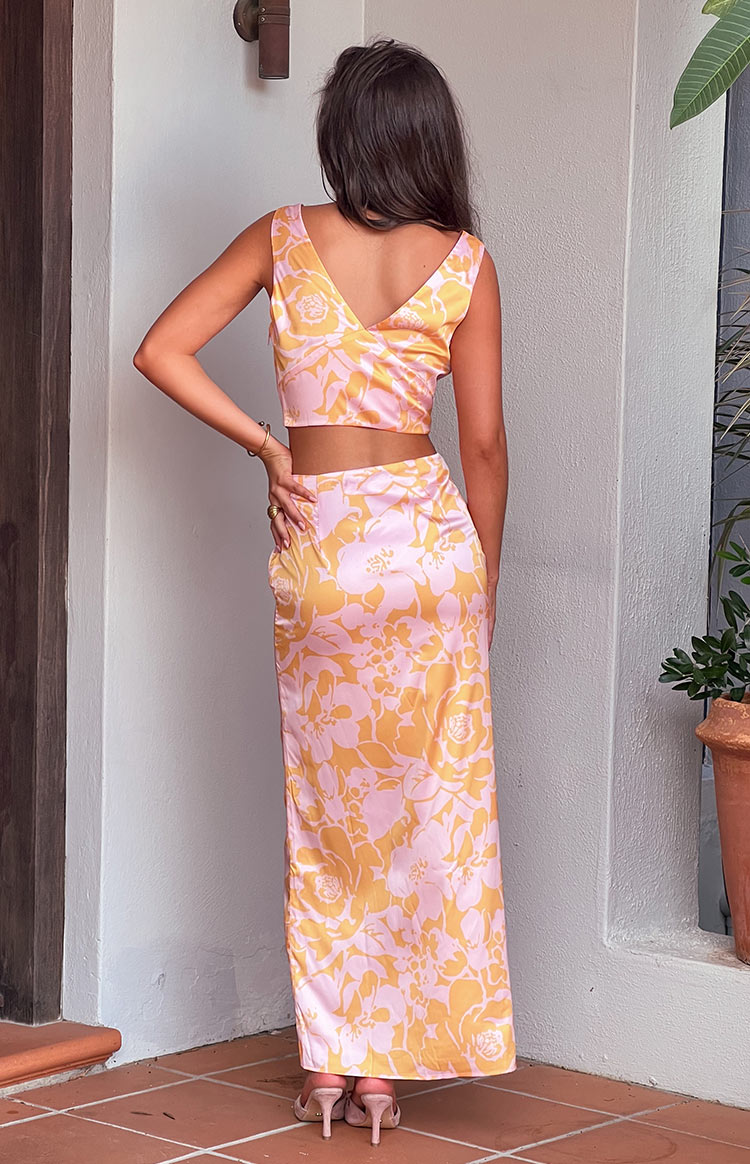 Dahlia Orange and Pink Floral Print Maxi Skirt for Women - Boho Summer Beach Dress with Pockets - Perfect for Vacations, Parties & Casual Outings