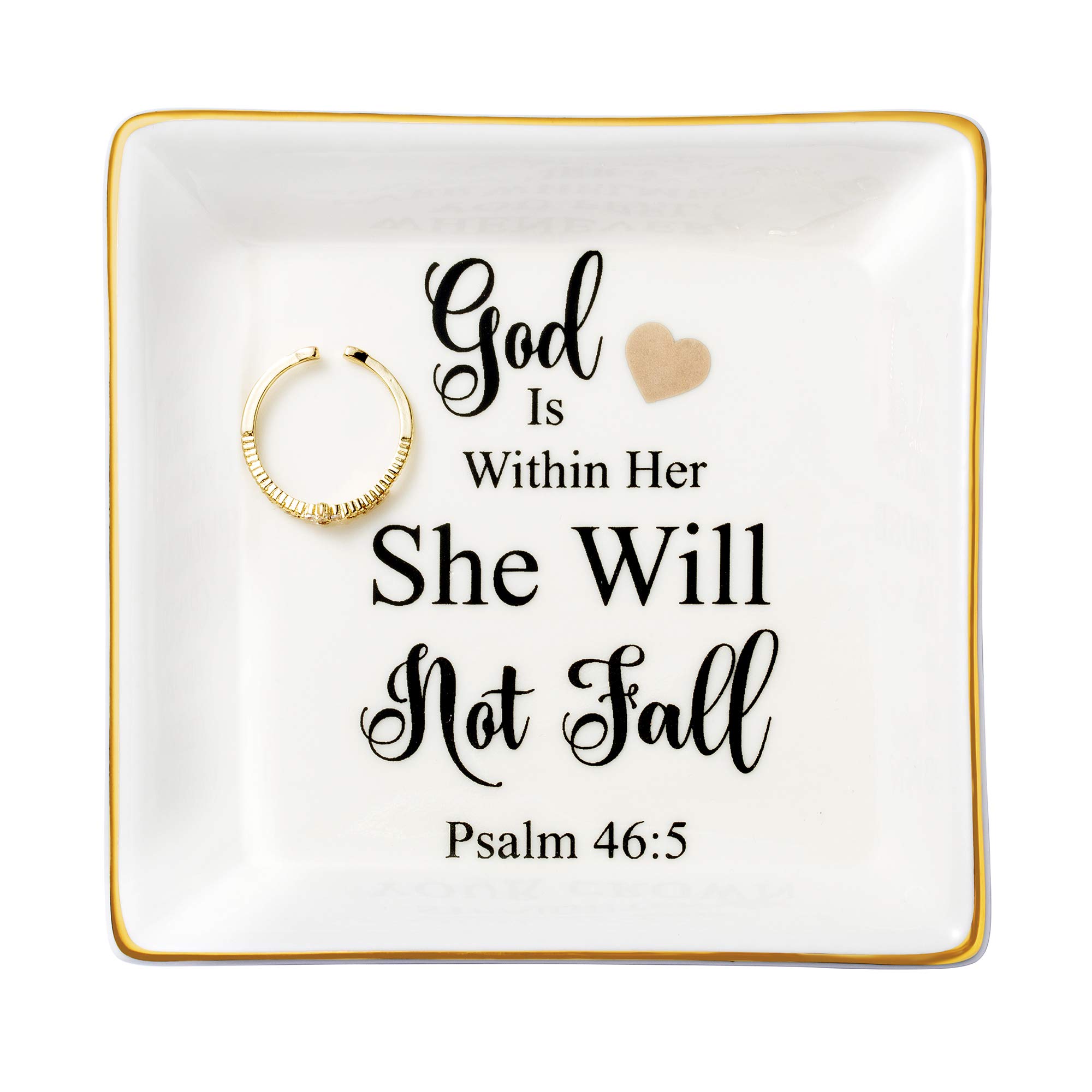JoycuFF Christian Jewelry for Women - Religious Encouragement Ring Dish, Inspirational Gifts for Sister, Mother, Daughter & Aunt - 'God Is Within Her She Will Not Fall' Bible Verse Home Decor - Perfect for Prayer Time, Bible Study & Faith-Based Gift Giving