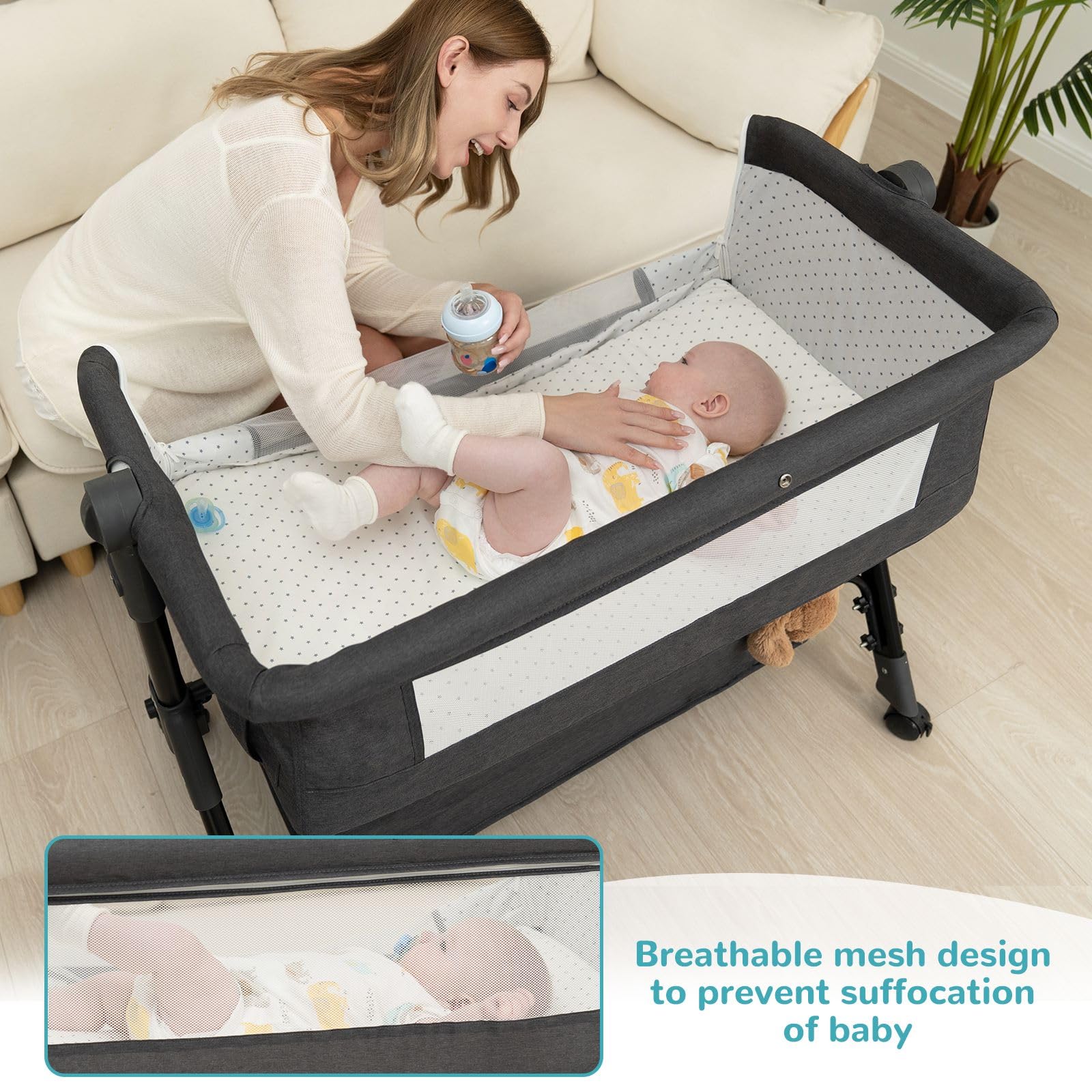 **3-in-1 Portable Baby Bassinet with Wheels & Mosquito Net - Adjustable, Foldable Bedside Sleeper for Newborns & Infants (Dark Grey) - Perfect for Nursery, Travel & Co-Sleeping**