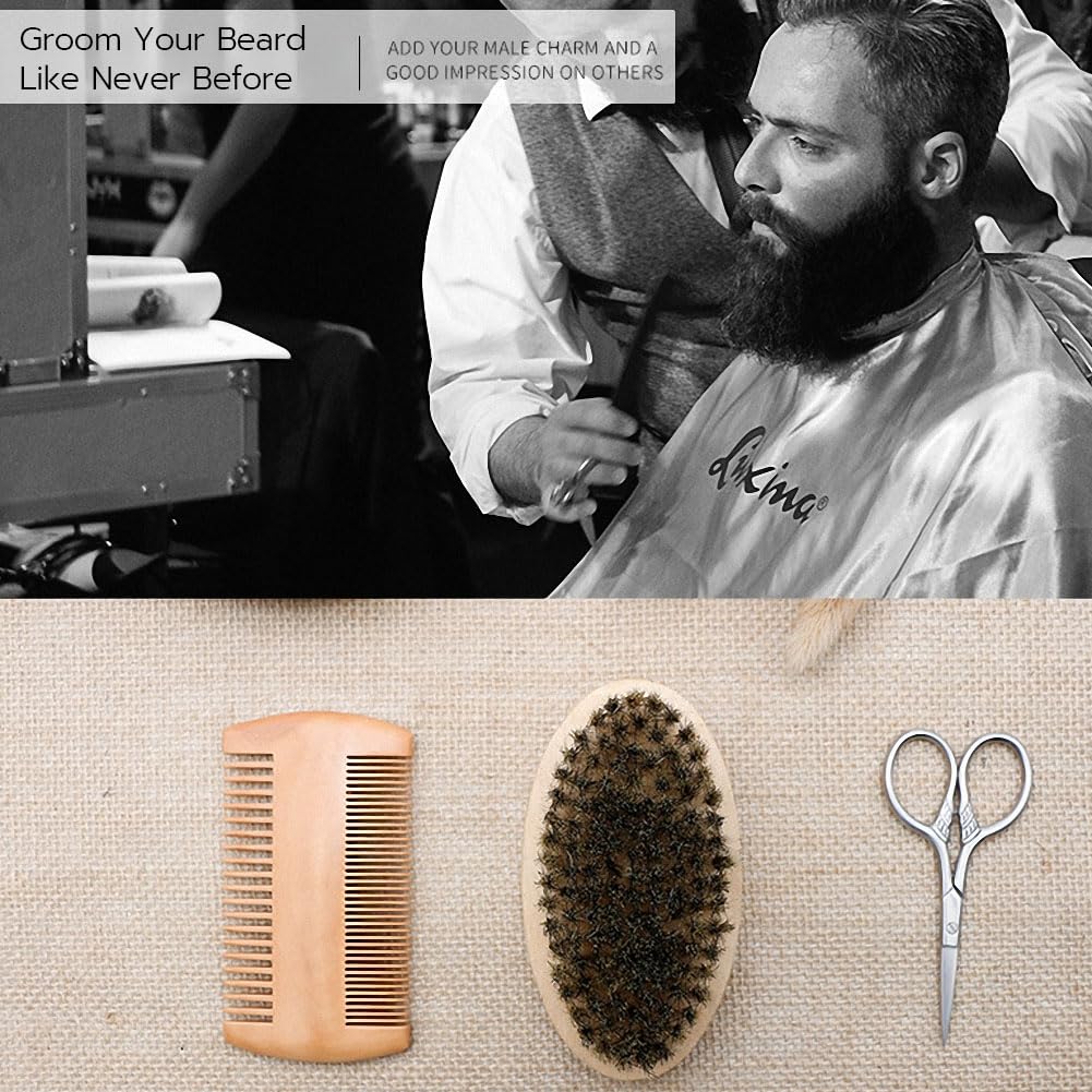 Premium Beard Grooming Kit for Men - Boar Bristle Brush, Bamboo Comb & Mustache Scissors Set | Beard Straightener, Softener & Styling Tools | Perfect for Daily Care, Travel & Gifts