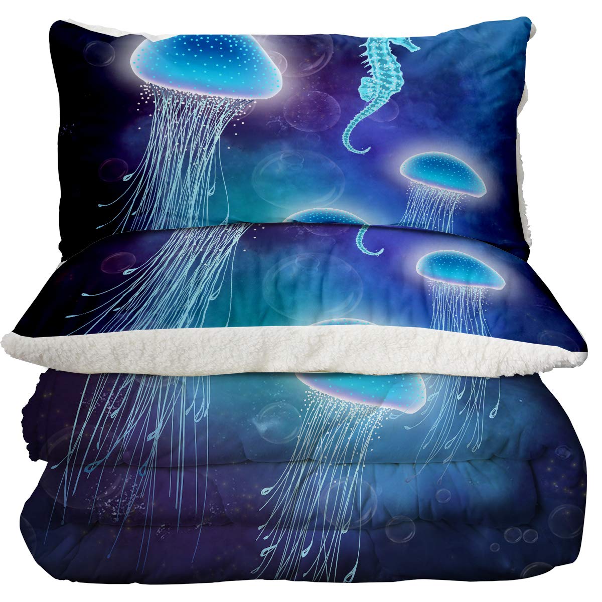 Ultra-Soft Micromink Sherpa Comforter Bed Set - 3D Lightweight Fuzzy Duvet Blanket with Polyester Filler - 2 Pillow Shams Included (Blue Jellyfish, King Size) - Perfect for Cozy Winter Nights & Bedroom Decor