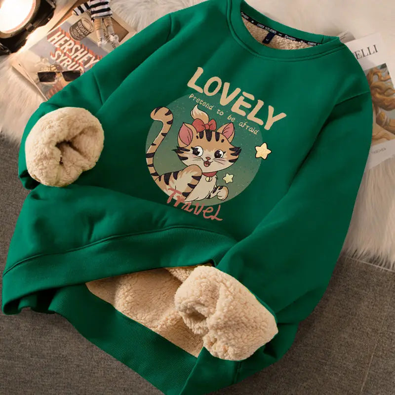 Women's Fleece Hoodie - Warm Thickened Winter Sweatshirt with Cute Print | Cozy Casual Loose Fit Pullover | Perfect for Fall & Winter Outfits, Lounge Wear & Outdoor Activities