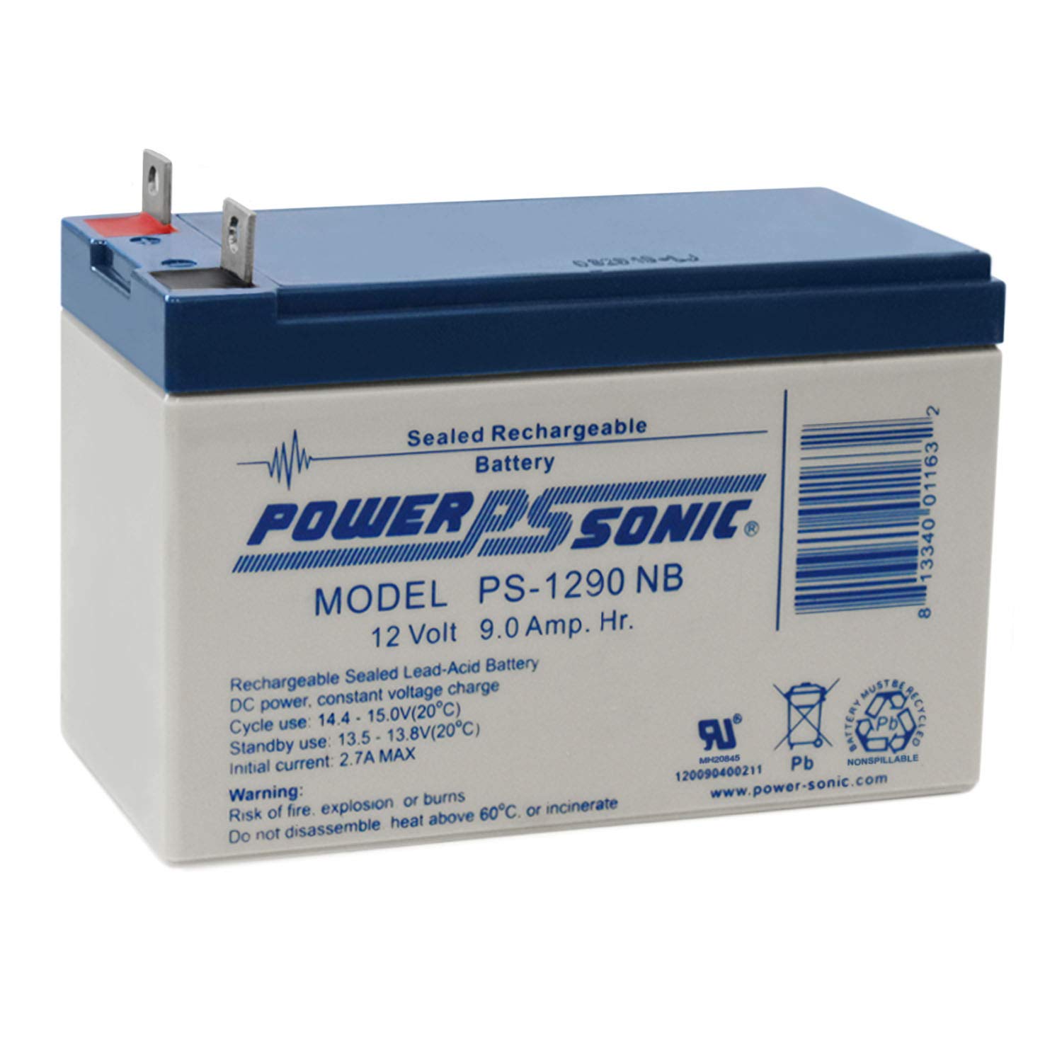 Power Sonic PS-1290NB 12V 9AH Sealed Lead Acid Replacement Battery for Generac 7500E Generator - Backup Power for Home & Emergency Use