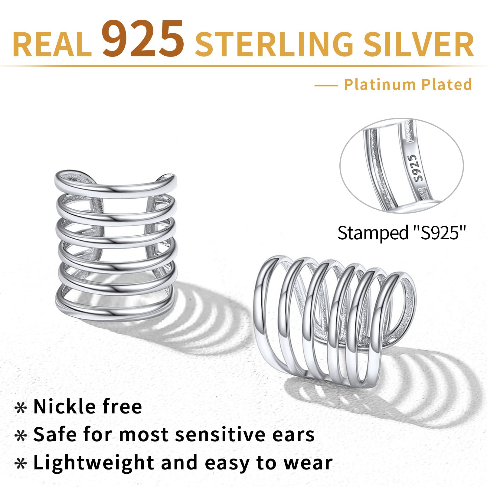 ChicSilver 925 Sterling Silver Non-Piercing Clip-On Ear Cuff Cartilage Earrings for Women - Trendy Boho Jewelry Gift with Box | Perfect for Parties, Weddings & Everyday Wear