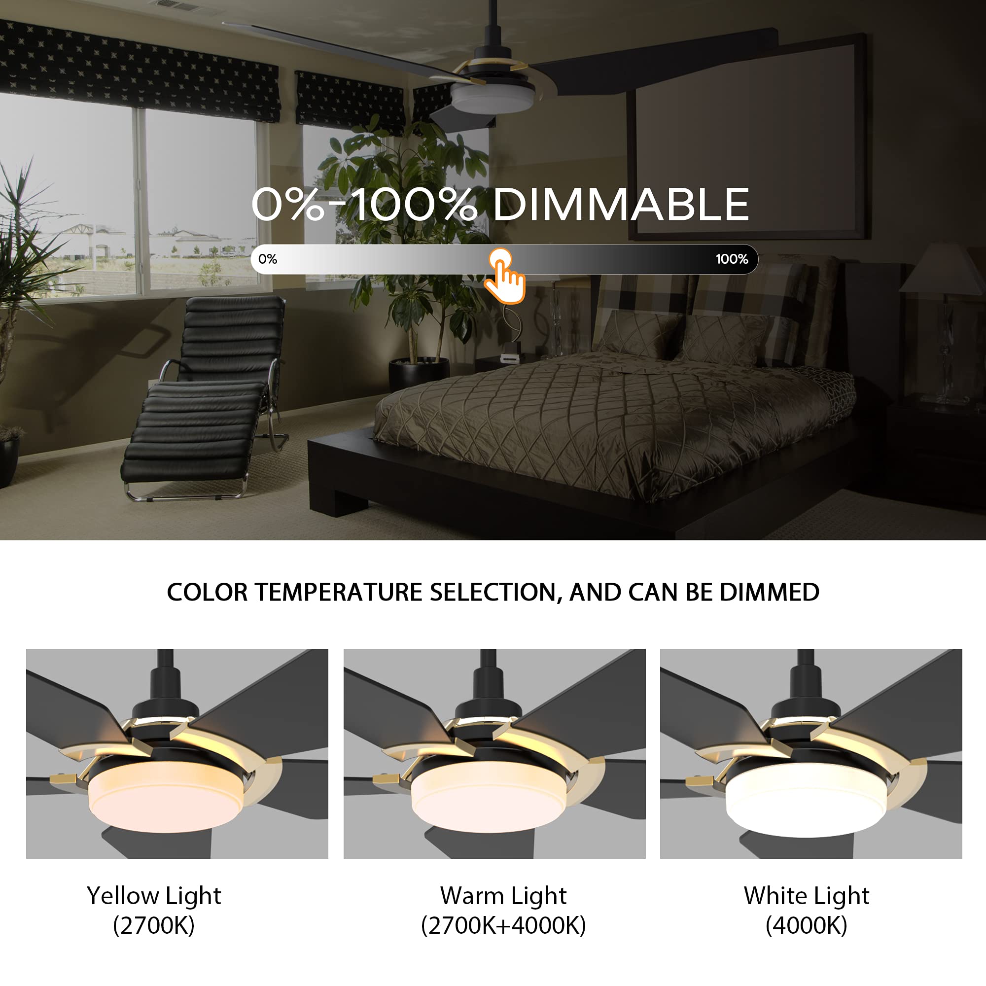 SMAAIR 52 Inch Smart Ceiling Fan with LED Light & Remote Control - Alexa Google Home Siri Compatible - Dimmable Lights 10-Speed DC Motor - Gold Black Finish - Perfect for Living Room Bedroom Patio Outdoor Use