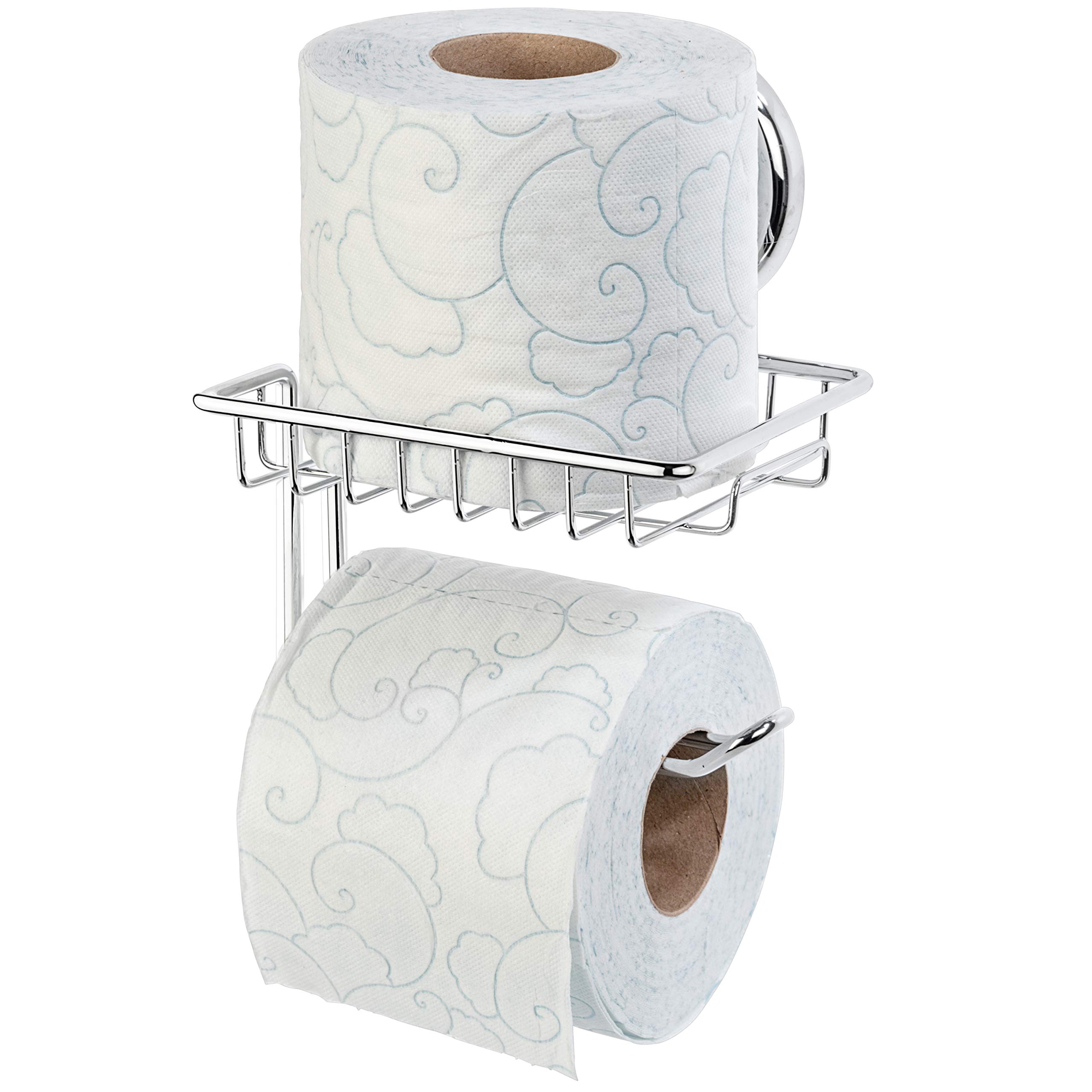 Stainless Steel SS304 Suction Cup Toilet Paper Holder with Shelf - Wall Mount Bathroom & Kitchen Tissue Roll Dispenser (Chrome Finish) | Space-Saving Storage for Small Bathrooms, RVs & Apartments