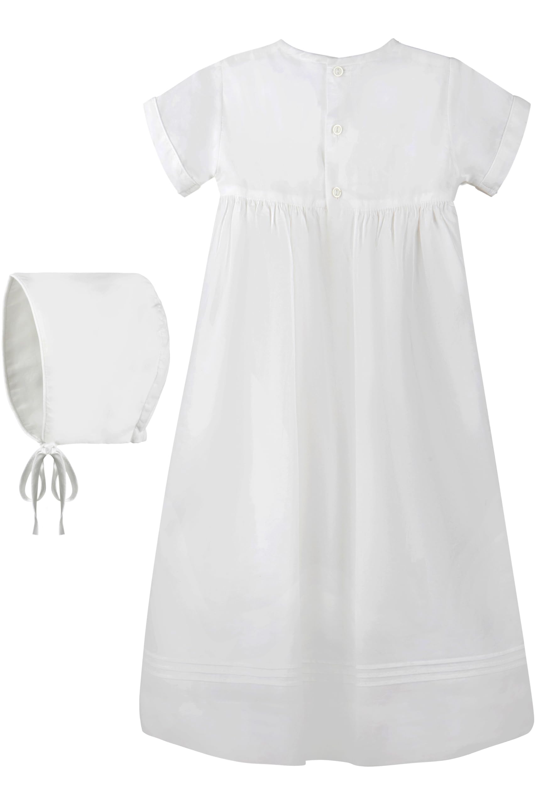 White Christening Gown for Baby - Hand-Smocked Yoke with Cross Detail, Short Sleeves & Matching Bonnet | Perfect for Baptism, First Communion & Special Occasions