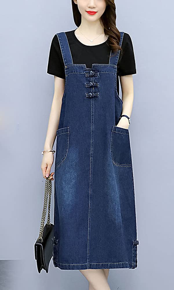 Women's Casual Frog Button Decor A-Line Midi Long Denim Overalls Dress - Stylish Outfit for Spring, Summer & Fall Fashion, Perfect for Daily Wear, Shopping, Dating & Outdoor Activities