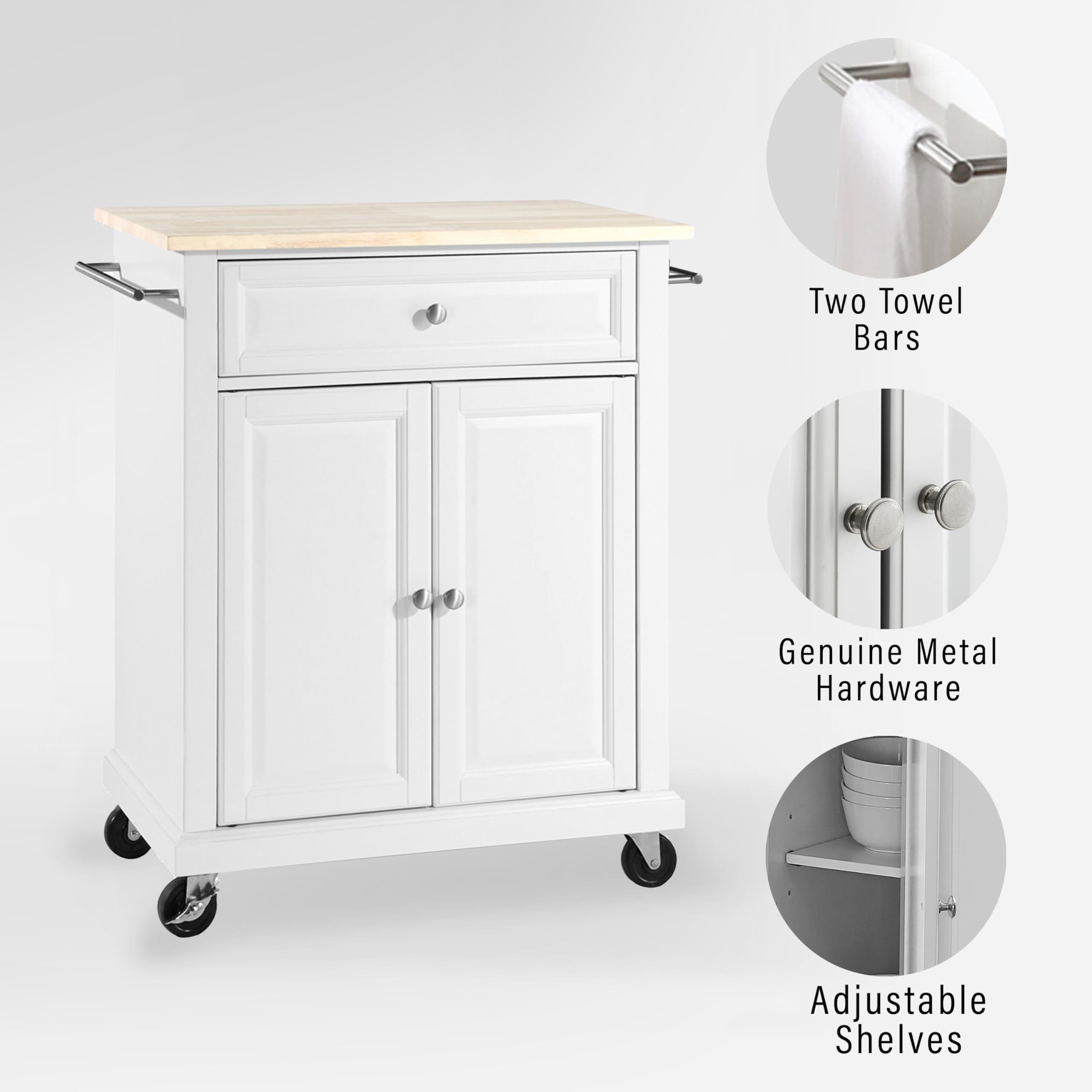 Crosley Compact Wood Top Rolling Cart with Shelves - White Microwave Stand with Towel Rack | Perfect for Kitchen, Bathroom, or Office Storage & Organization