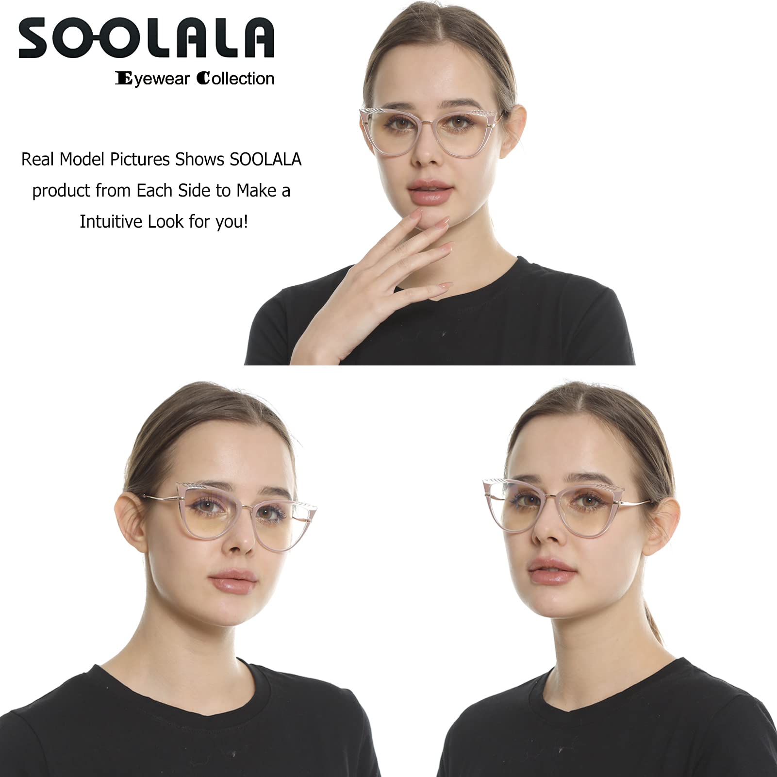 SOOLALA Women's Blue Light Blocking Glasses TR90 Lightweight Spring Hinged Cat Eye Reading Glasses for Computer Work & Reading