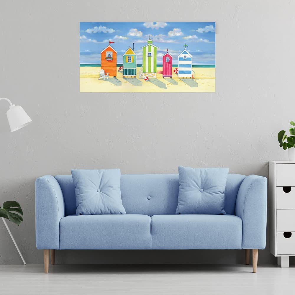 Brighton Beach Huts Canvas Wall Art by Paul Brent - 40x21 Inch Ready to Hang Painting for Living Room, Bedroom, Office Decor - Coastal Themed Home & Beach House Wall Decor