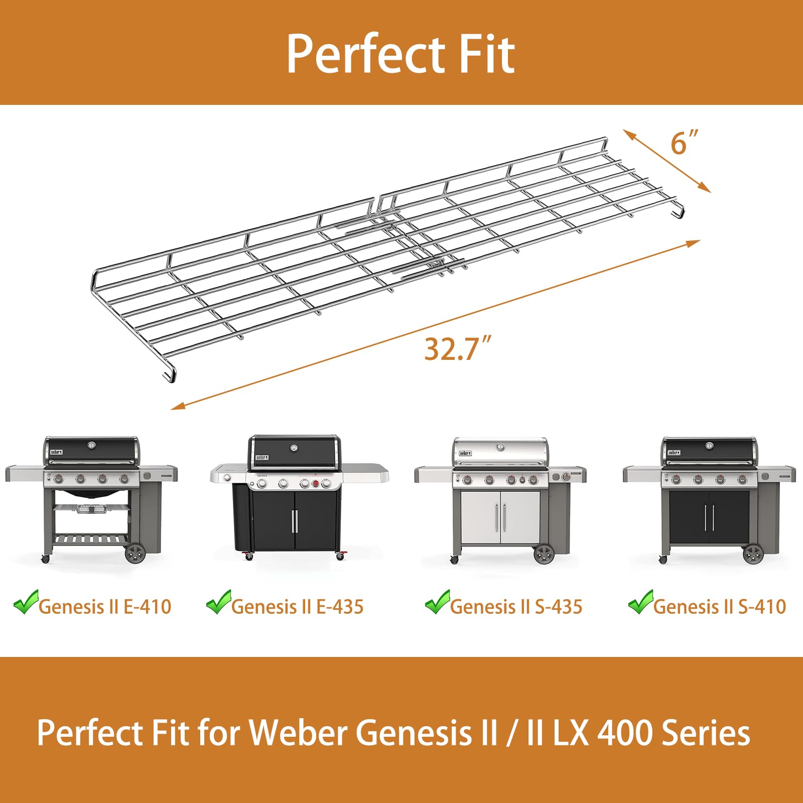 Stainless Steel Grill Warming Rack for Weber Genesis II 400 Series - Replacement Part for Genesis II E/S/SE-410 & E/S-410 Series (32 3/4