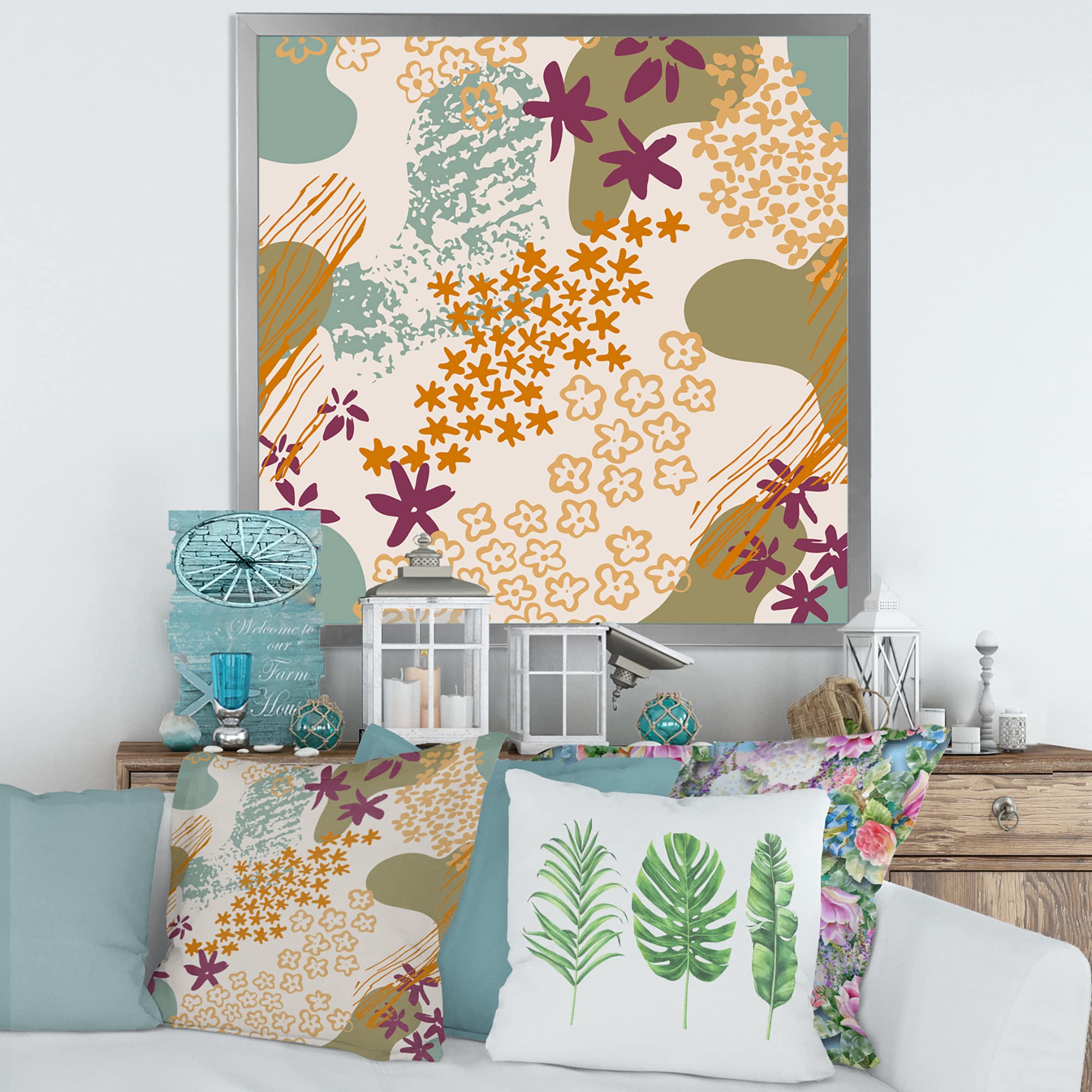 Modern Framed Wall Art with Flowers Silhouettes & Fluid Shapes - Elegant Home Decor for Living Room, Bedroom or Office