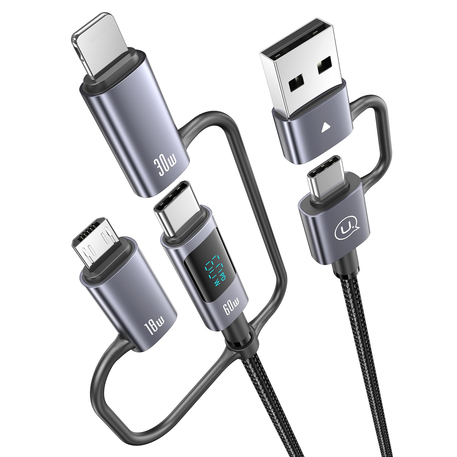 6-in-1 Multi Charger Cable with LED Display | 60W PD Fast Charging USB C/A to Type C/Micro Cable (6ft) | Compatible with iPhone, Android Phones, Laptops & Tablets | Perfect for Home, Office & Travel Charging