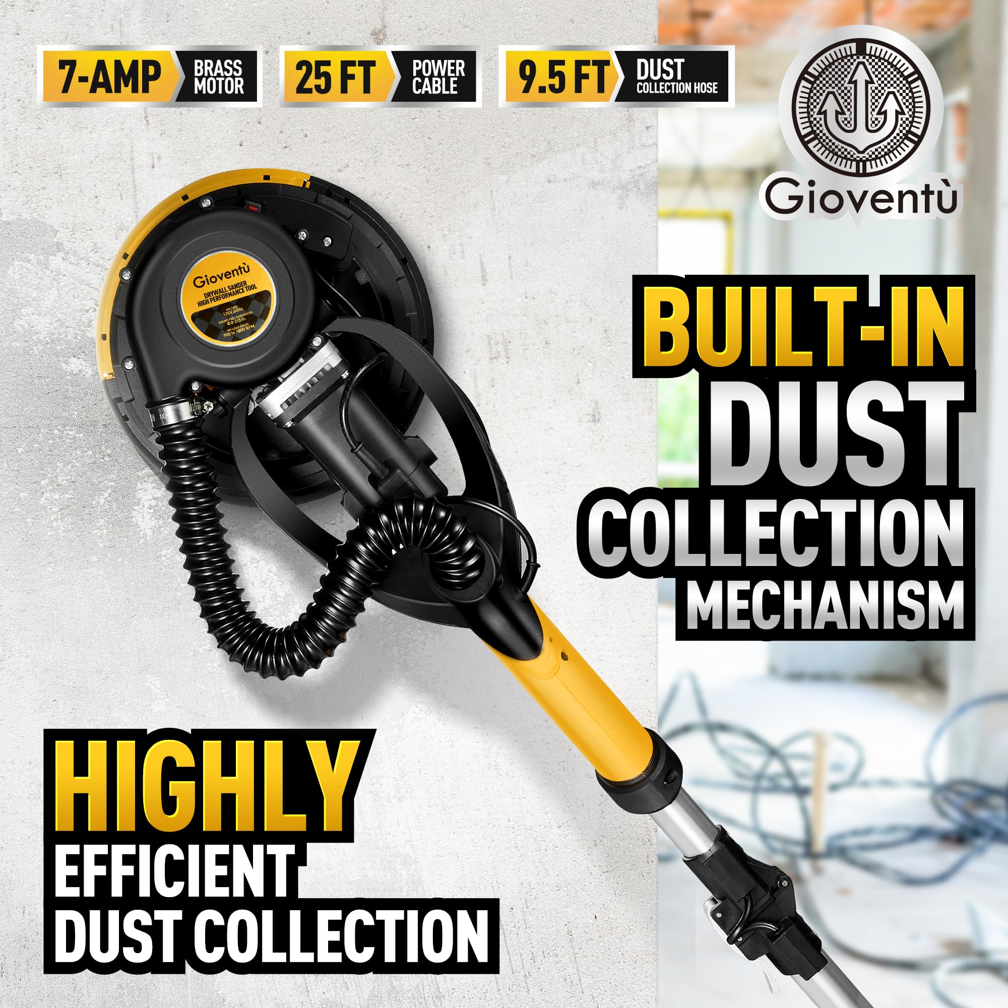 750W Electric Drywall Sander with Vacuum Attachment - Auto Dust Collection, 7 Speed Settings (900-1800 RPM) - Dustless Wall Sander for Popcorn Ceiling & Drywall - Long Power Cord - Perfect for Home Renovation & Professional Construction Projects