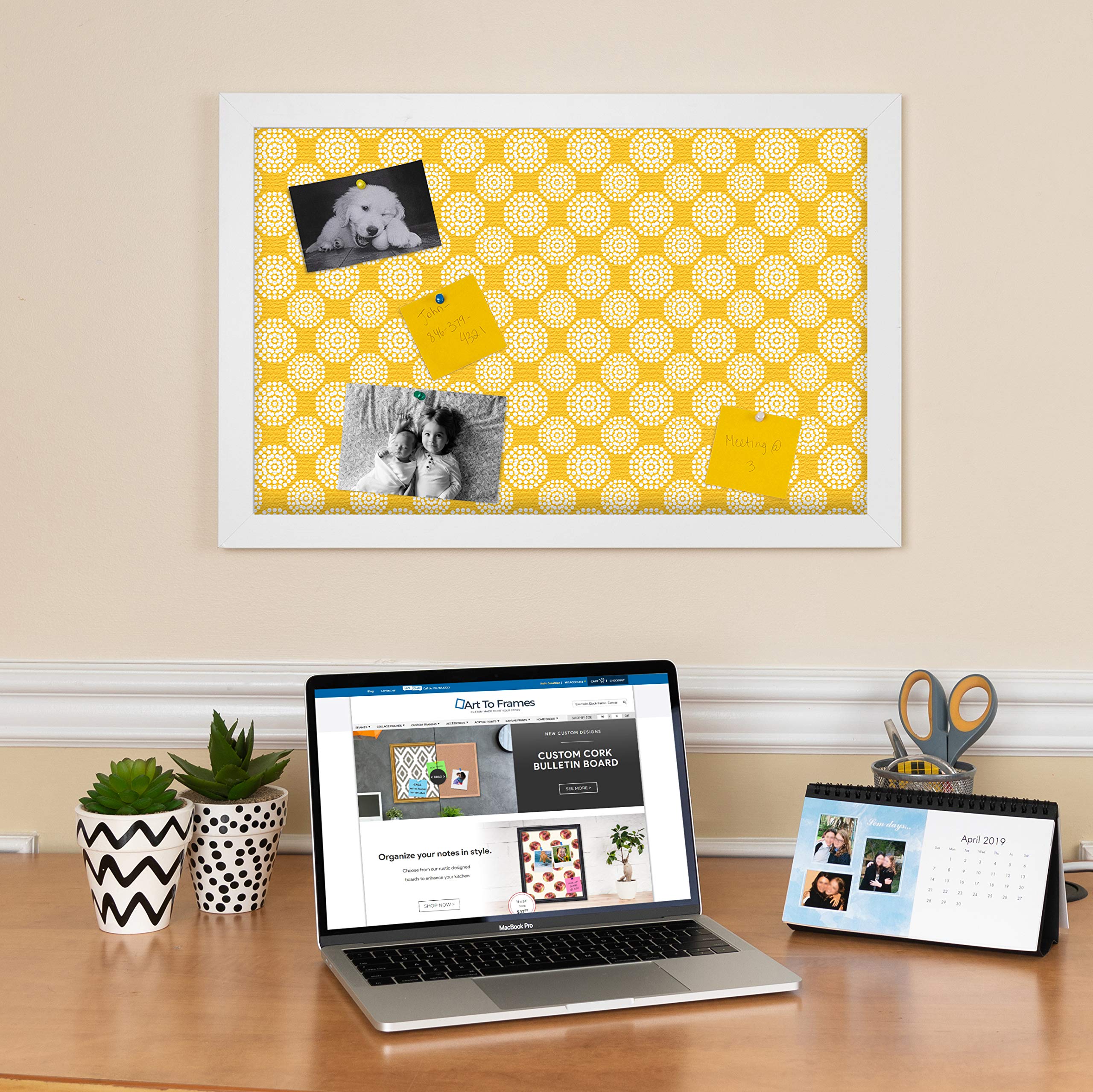ArtToFrames 36x24 Inch Custom Cork Bulletin Board - Floral Neon Yellow Pin Board with Fabric Canvas Finish, White Satin Frame (2x3 ft) - Perfect for Home Office, Classroom, or Dorm Room Organization