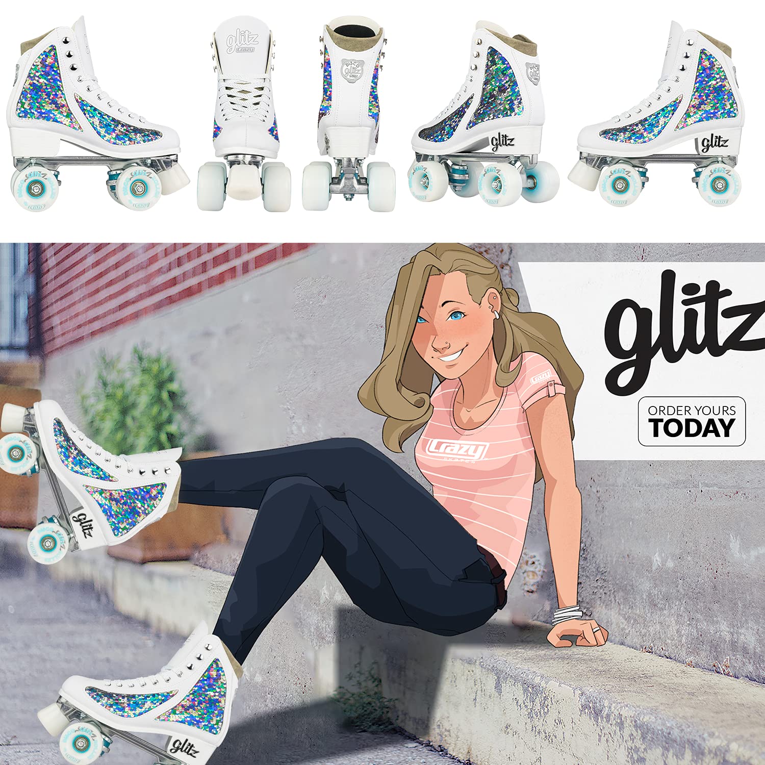 Crazy Skates Glitz Roller Skates for Women & Girls - Adjustable & Fixed Sizes | Sparkling Glitter Quad Skates for Rink, Park & Outdoor Skating | Roller Derby & Recreational Skating