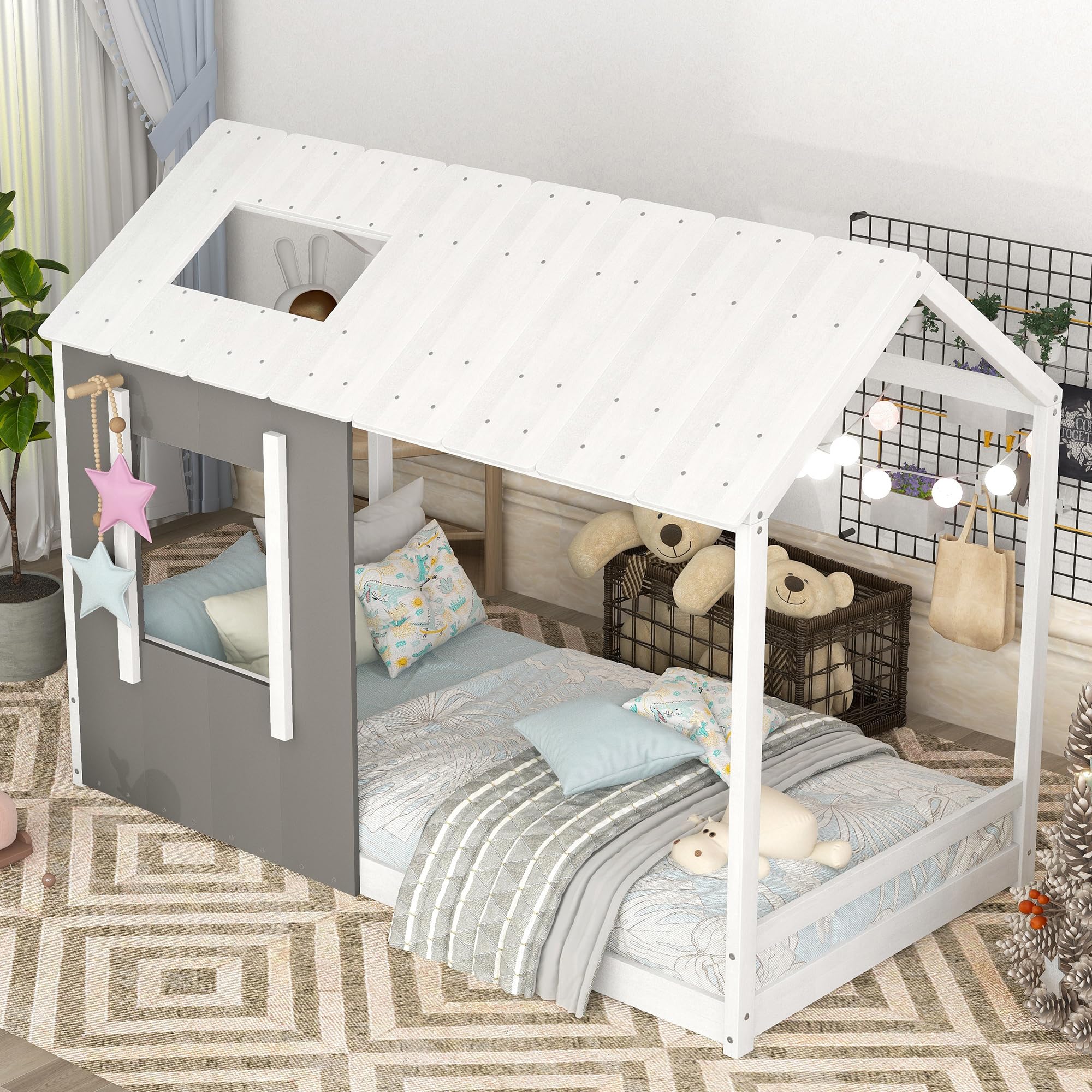Montessori Twin Size Floor Bed Frame for Kids - Wooden House Design with Headboard, Roof & Window - Grey & Antique White - Perfect for Toddler Rooms, Daycare Centers & Montessori Classrooms