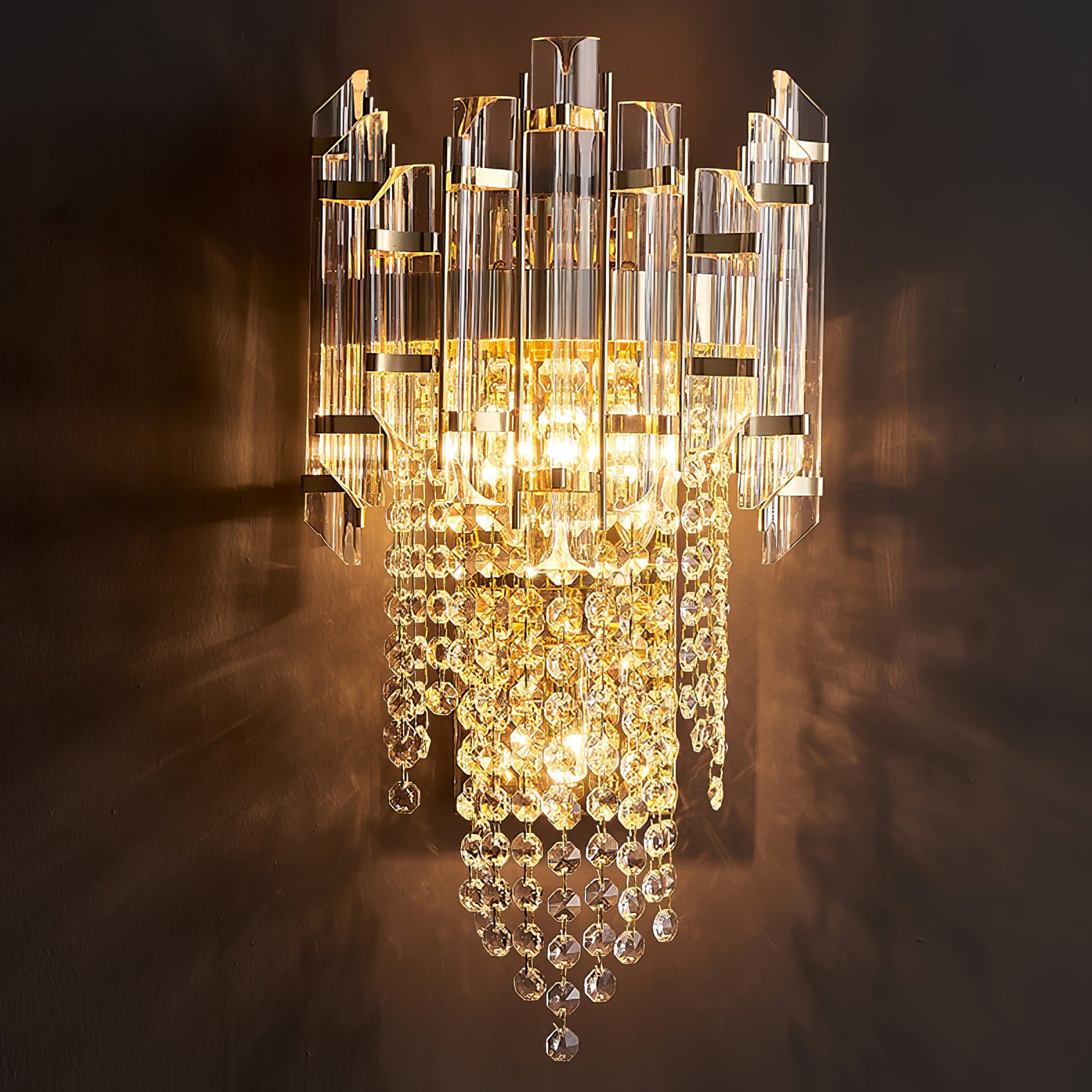 Crystal Tiered Wall Sconce - Elegant Clear Glass Light Fixture for Living Room, Bedroom, or Hallway Decor